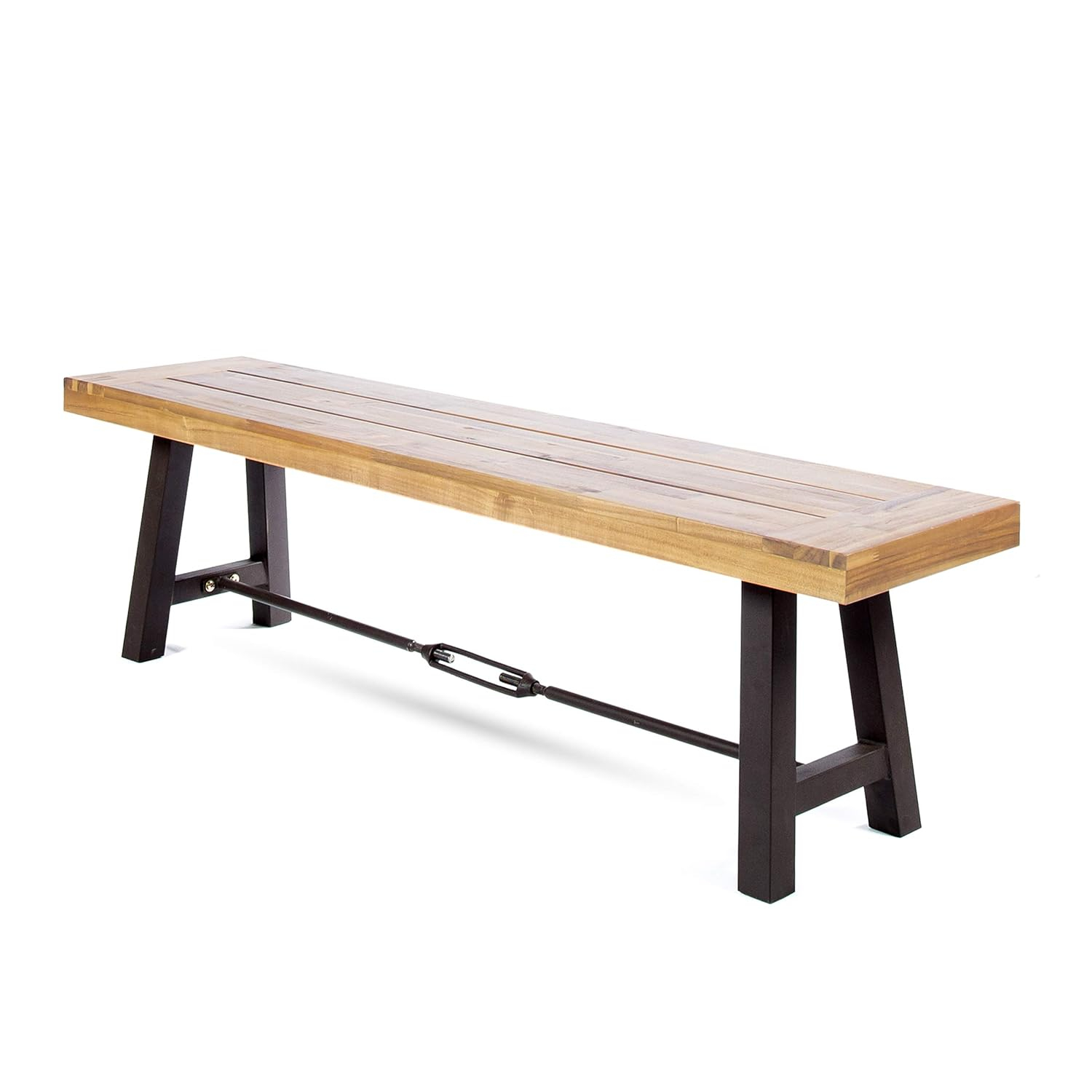 Teak Finish Acacia Wood Outdoor Bench with Rustic Metal Legs