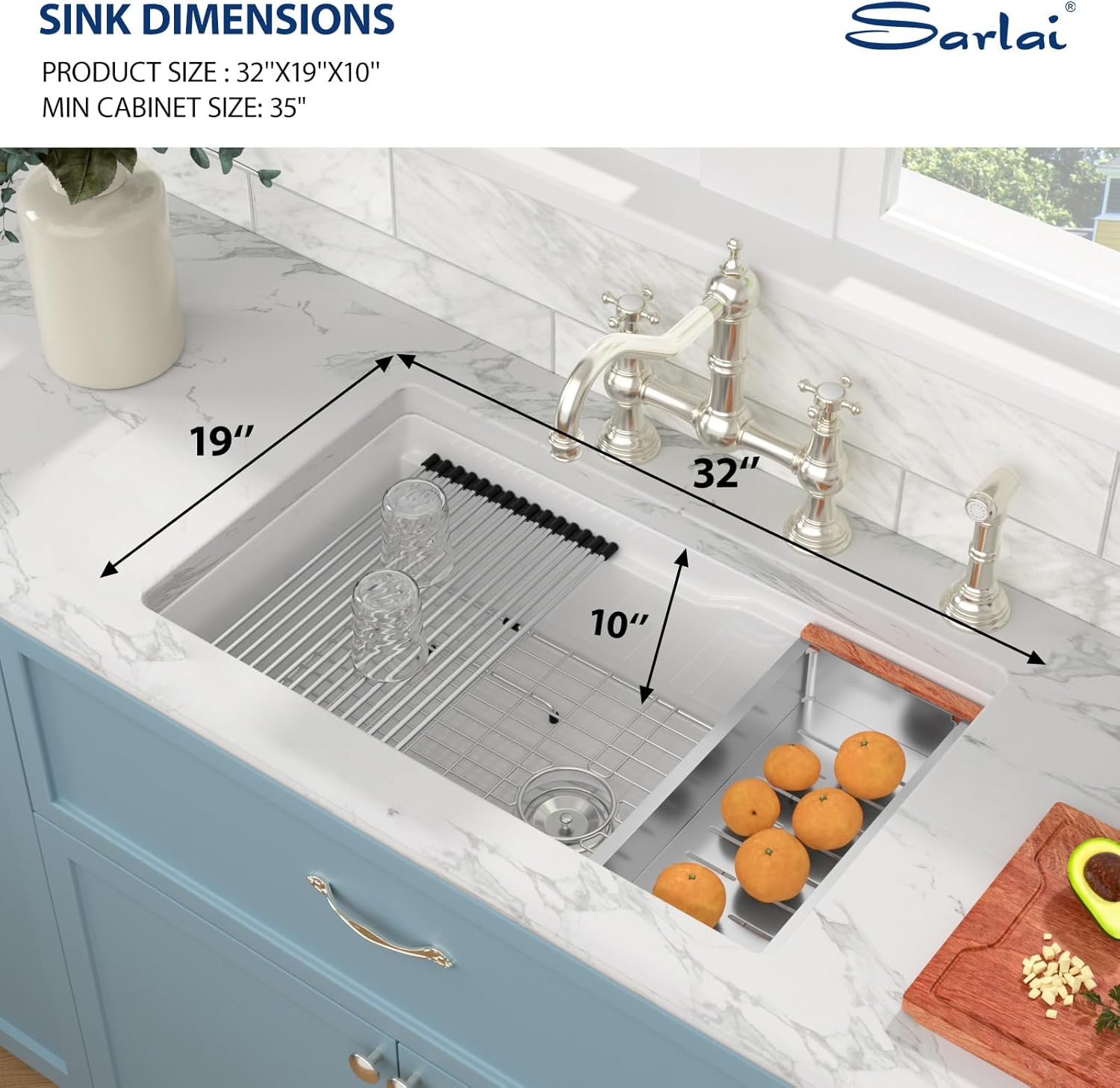 Sarlai White Workstation Kitchen Sink 32 Inch White Undermount Kitchen Sink Ceramic Sinks Drop In Single Bowl Ledge Workstaion Topmount Fireclay Basin 32 x19 x10 Inch