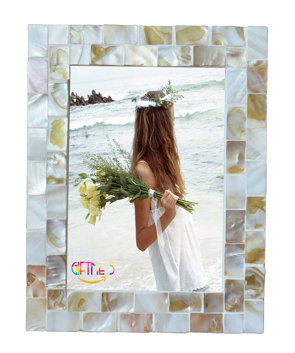 GIFTME 5 Picture Frame 5x7 Mother of Pearl Photo Frame,Beach Picture Frame Tabletop or Wall Hanging Display Frame(5x7 Natural White,1pc)