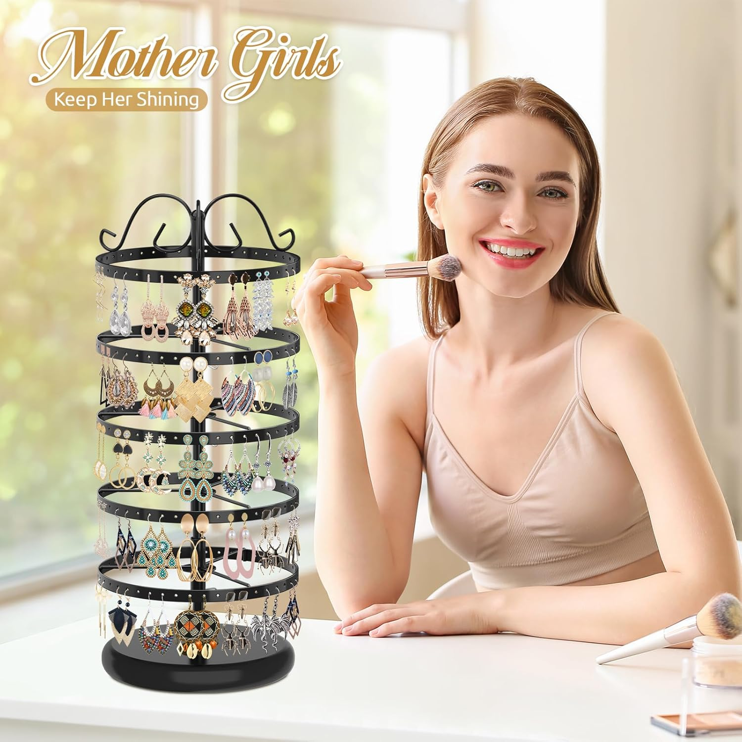 5-Layer Rotating Jewelry Organizer Stand - Effortless Storage & Display for Earrings  Studs & Pendants - Secure  Space-Saving Design in Chic Black/White