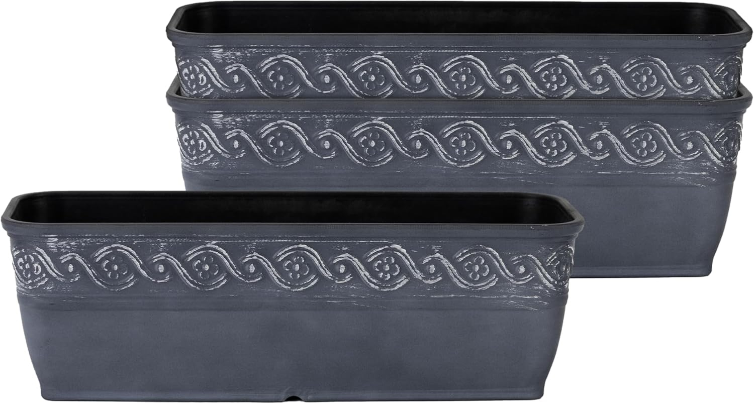 Classic Home and Garden Corinthian Rectangular Planter Box w/Drain Plug - Small Succulent Pots - Shallow Trough Planter for Indoor/Outdoor (10” Storm Gray, Pack of 3)