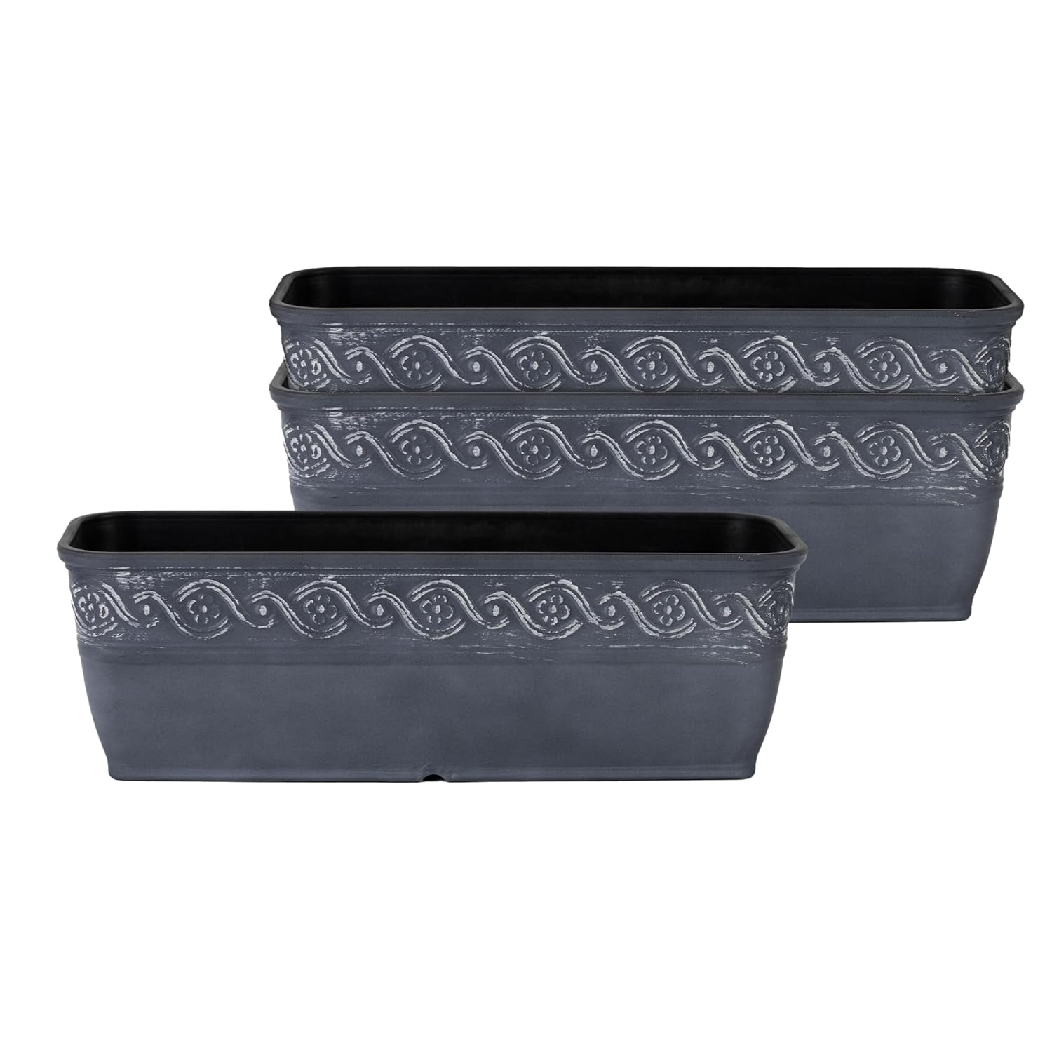 Classic Home and Garden Corinthian Rectangular Planter Box w/Drain Plug - Small Succulent Pots - Shallow Trough Planter for Indoor/Outdoor (10” Storm Gray, Pack of 3)