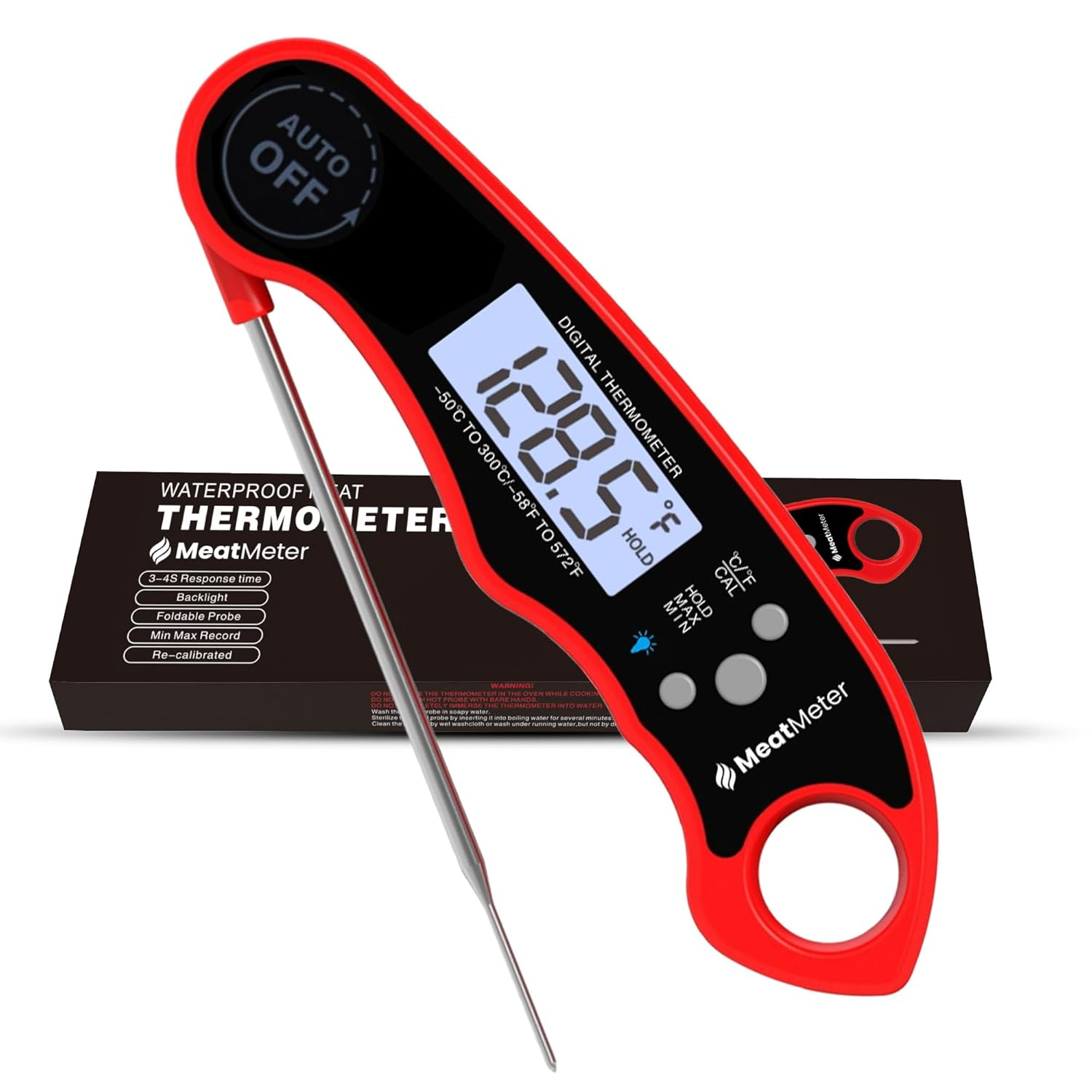 Digital Meat Thermometer for Grill/Cooking Fast Instant Read Waterproof Magnetic Probe Thermometer w/Backlight and Display for Kitchen, BBQ, Frying, etc. Chicken, Steak,or Burgers, Red