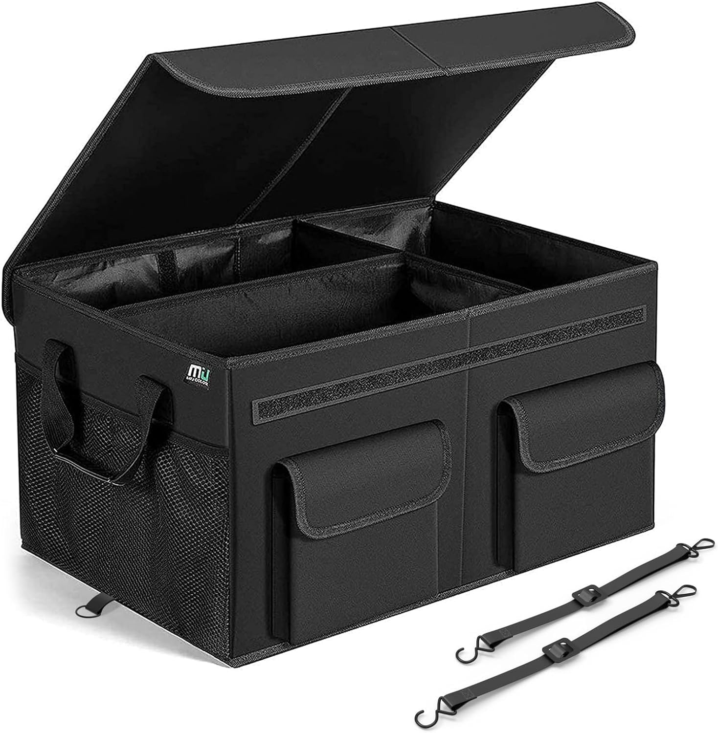 MIU COLOR Car Trunk Organizer with Lid, Collapsible Car Storage Organizer with Reinforced Leather Handles, Non-Slip Bottom, Trunk Organizer for SUV, Van, Jeep (Black with Strap, Extra Large)