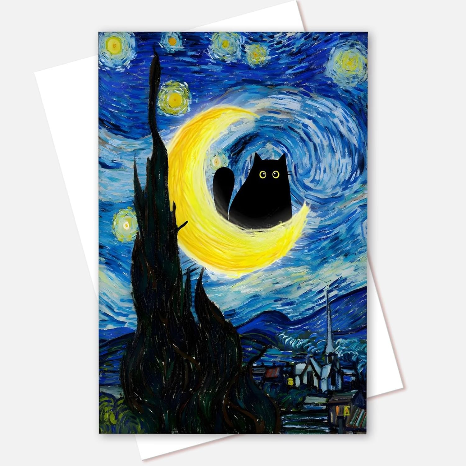 Starry Night Black Cat Canvas Wall Art 12x16