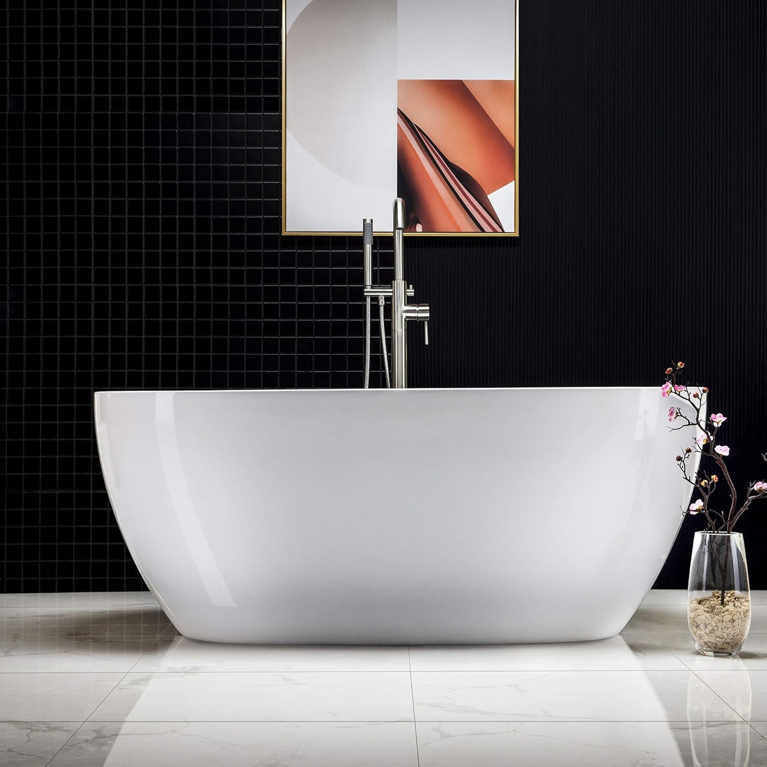 WOODBRIDGE Acrylic Freestanding Bathtub Contemporary Soaking Tub with Brushed Nickel Overflow and Drain BTA1518-B,White, 59" B-0018
