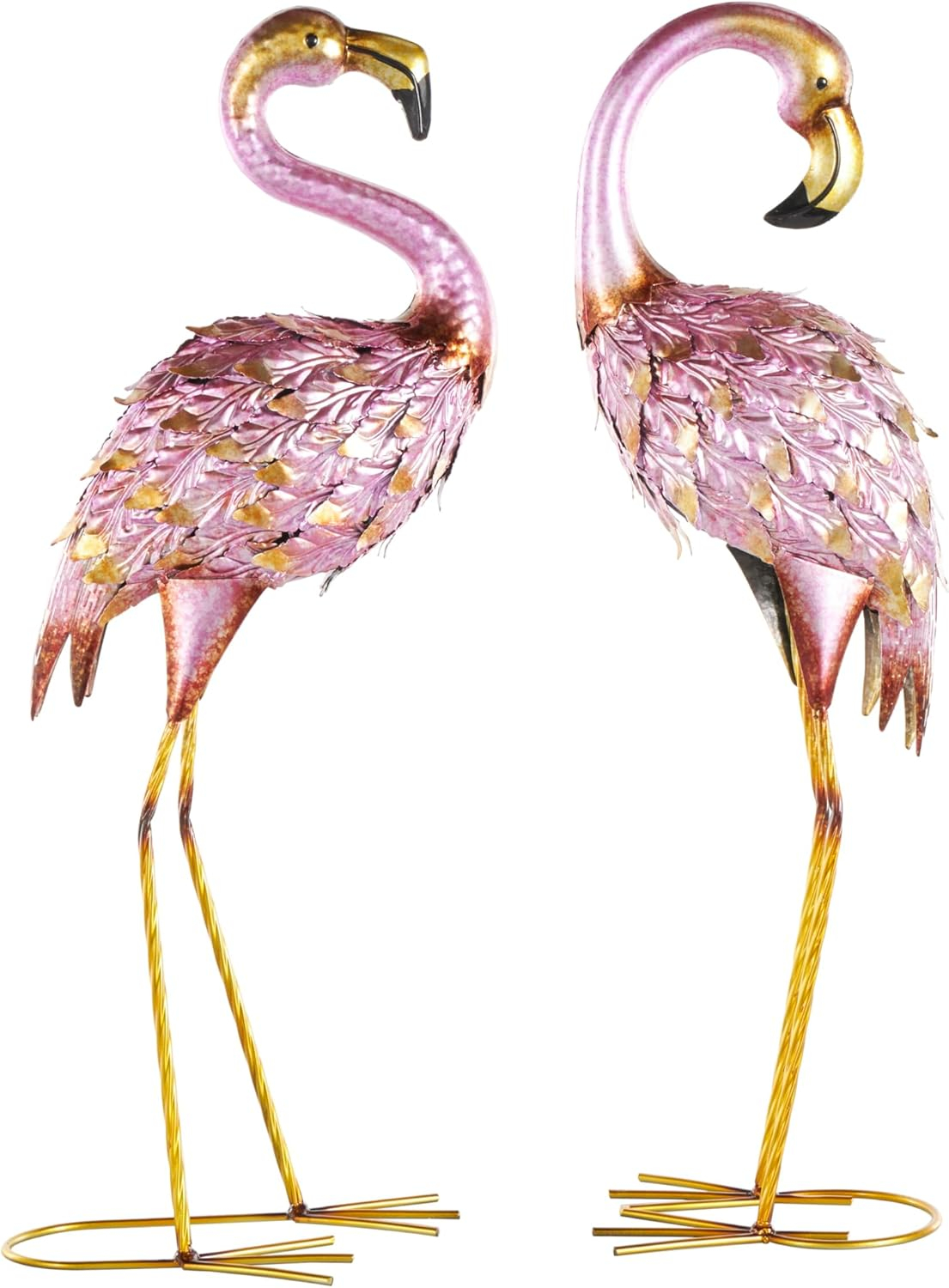 DecMode Coastal Outdoor Metal Standing Pink Flamingo Garden Sculpture, Set of 2 10"W x 38"H
