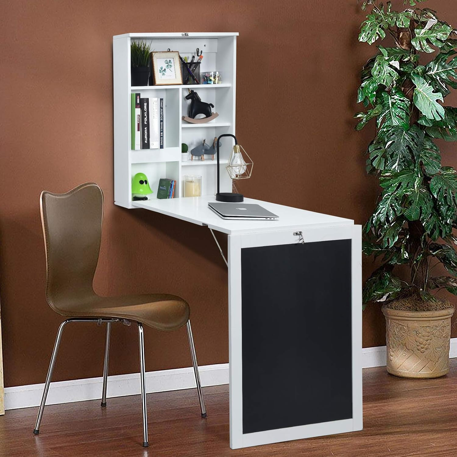 Folding Wall Desk, Wall Mounted Fold Out Table with Storage Shelves & Hooks, Hideaway Desk with Chalkboard, Floating Corner Desk for Small Spaces (White)