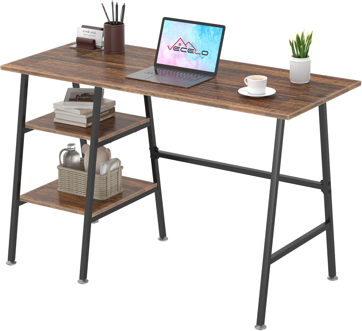 VECELO 43 Inch Computer Desk Writing Study Work Office Table Modern Desk with Shelves Wooden Desk for Home Bedroom,Walnut Desk
