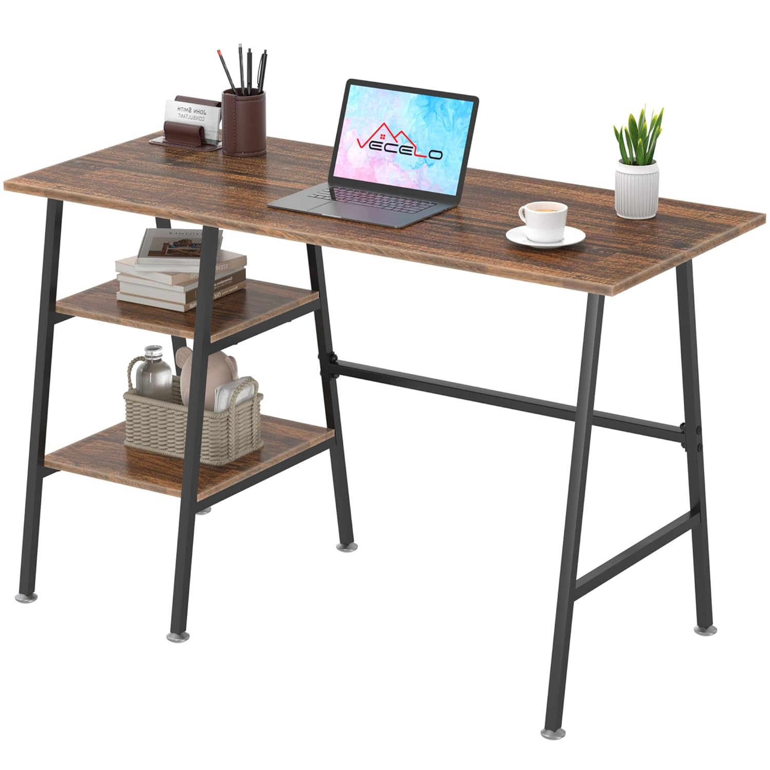VECELO 43 Inch Computer Desk Writing Study Work Office Table Modern Desk with Shelves Wooden Desk for Home Bedroom,Walnut Desk