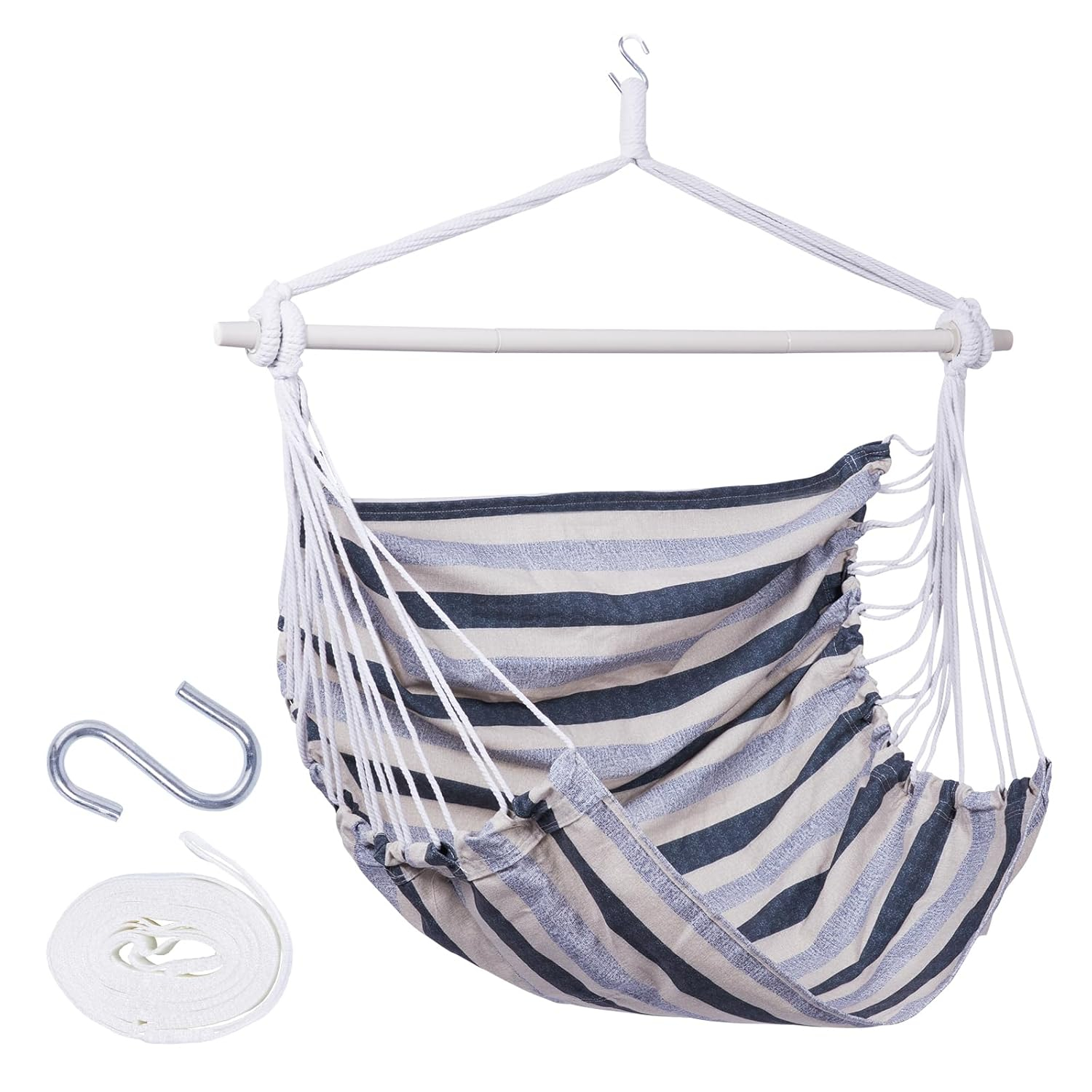Backyard Expressions Striped Hammock Chair Hanging Rope Swing Chair, Anti Slip Steel Spreader Bar