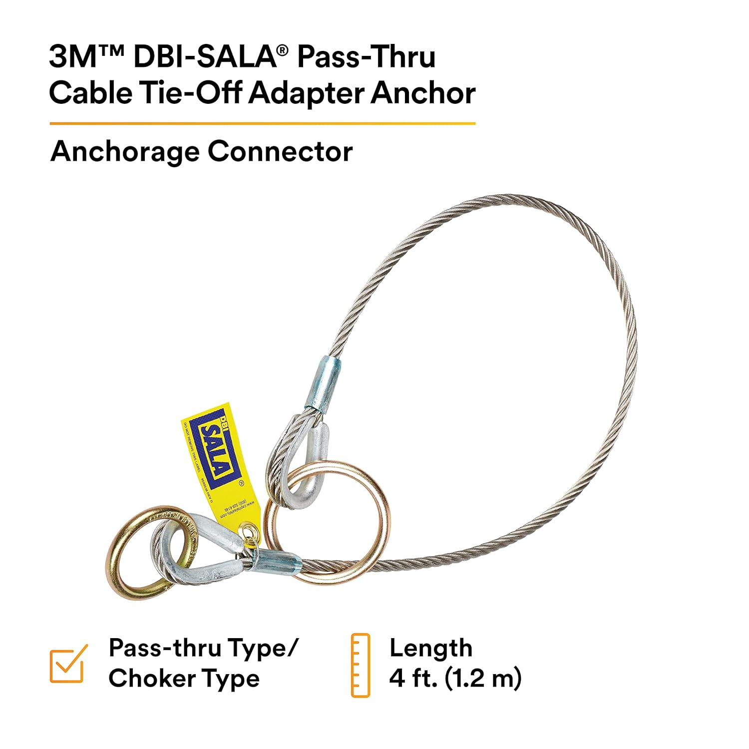 3M DBI-SALA 5900550 Anchorage Connector, 4' Cable Tie-Off Adaptor, Pass-Thru Type, Silver