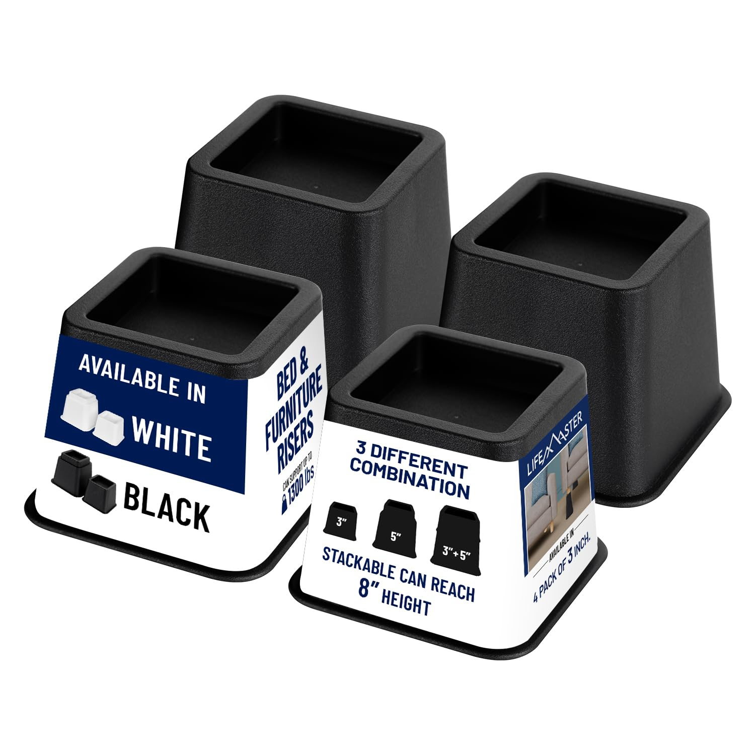 Black Heavy-Duty 3-Inch Furniture Leg Risers Set of 4