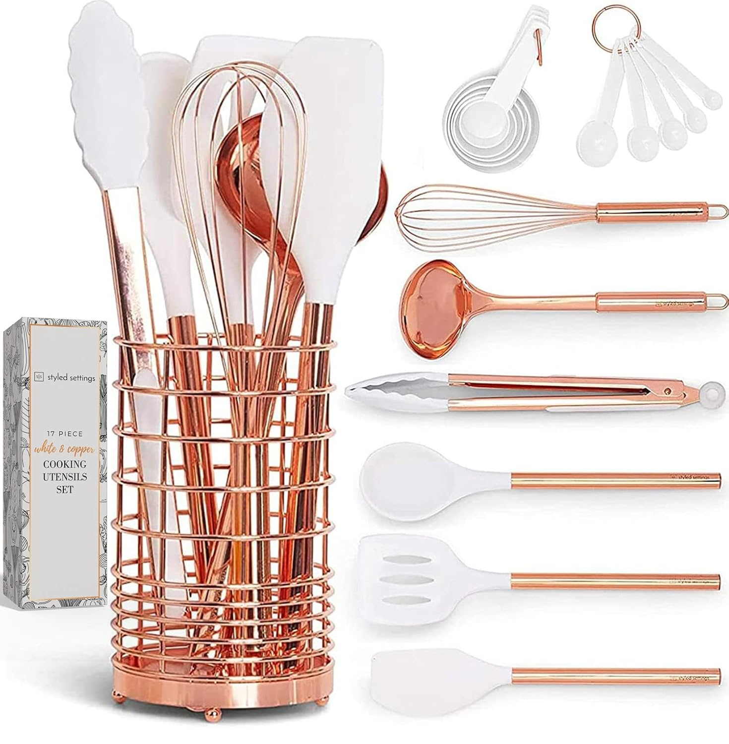 Styled Settings White Silicone & Copper Kitchen Utensils Set with Holder