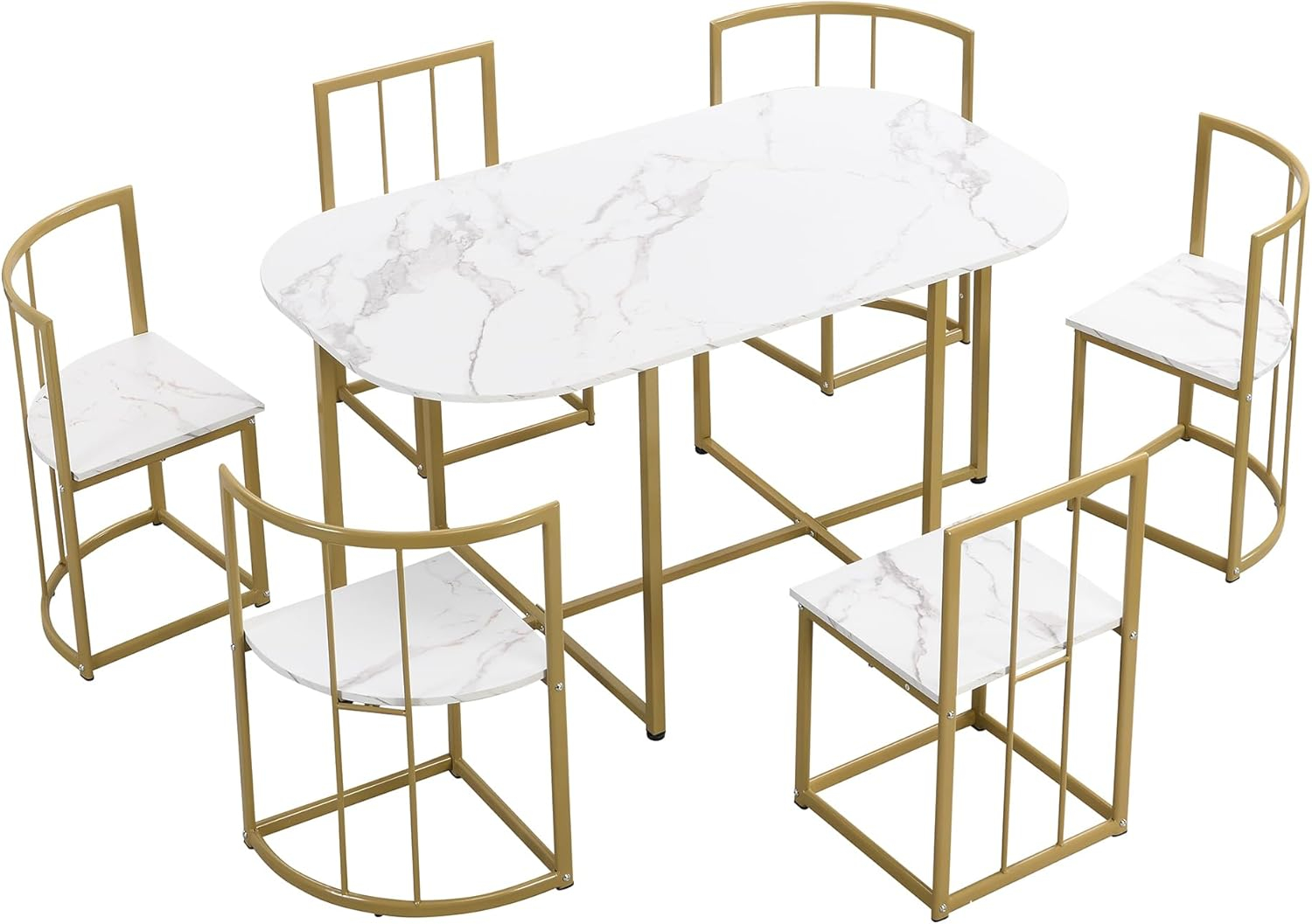 Merax Metal Dining Room Table Set with Chairs for Small Space 7 Piece Kitchen Dining Table Set for 6, Space Saving, Golden White