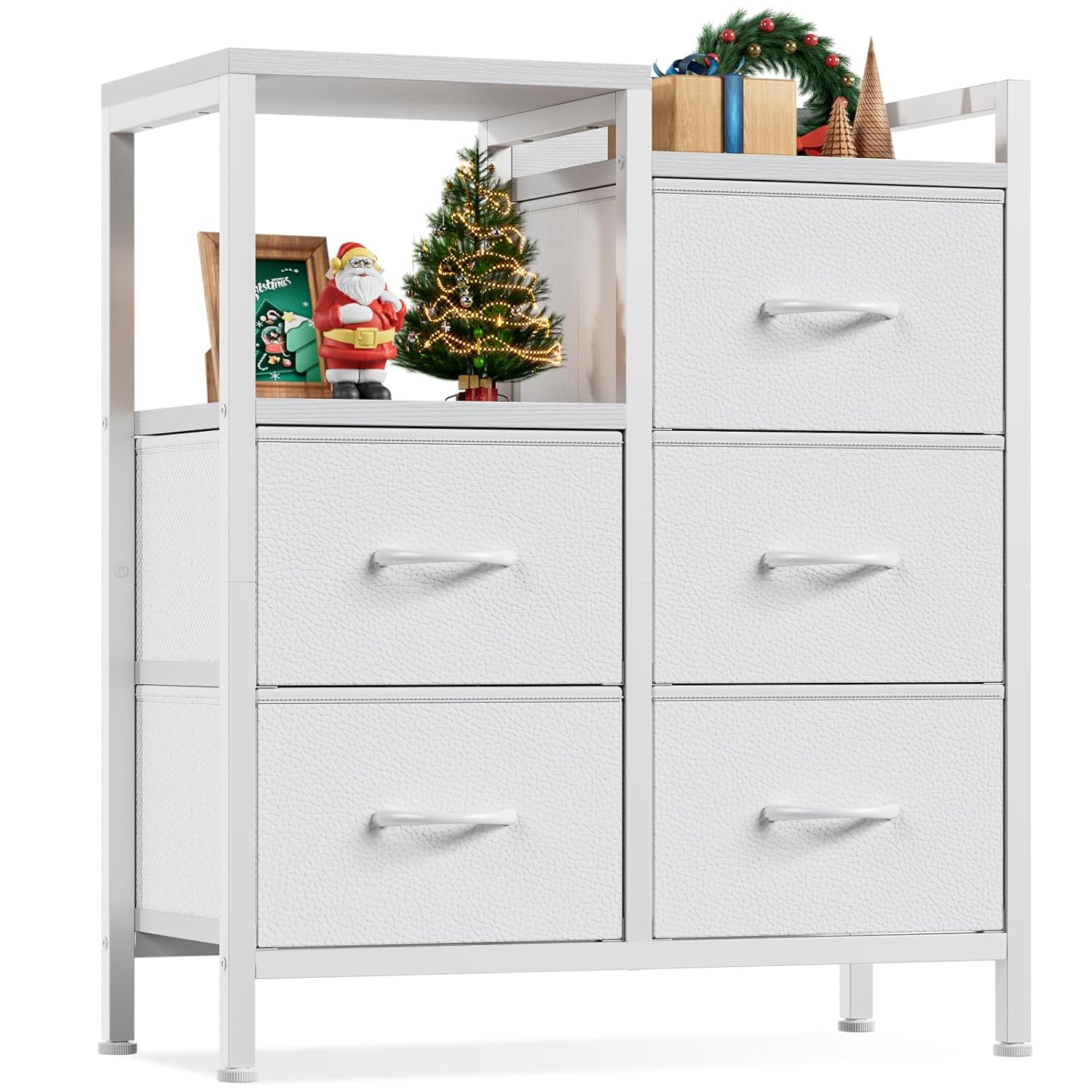 Furnulem 5 Drawer White Dressers for Bedroom 2 Tier Shelf Storage Small Fabric Dresser for Closet Sturdy Metal Frame Modern Style Storage Cabinets Organization Units for Hallway Rooms