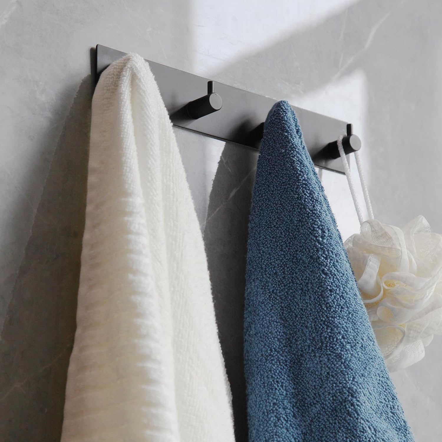 Self Adhesive Towel Hooks for Bathrooms Black Stick on Wall Hooks Bath Adhesive Towel Hanger Peel and Stick Matte Black Shower Hooks for Wall Adhesive Coat Hook for Wall Mount 4 Hooks