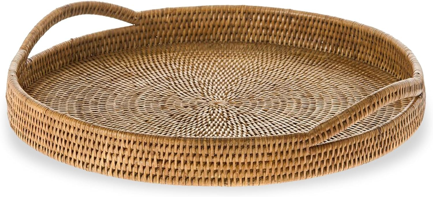 Kouboo La Jolla Round Serving Tray, Serving Tray With Handles, Hosting Tray, Party Tray, Ottoman Tray, Grill, Fruit, Display Tray, Honey Brown