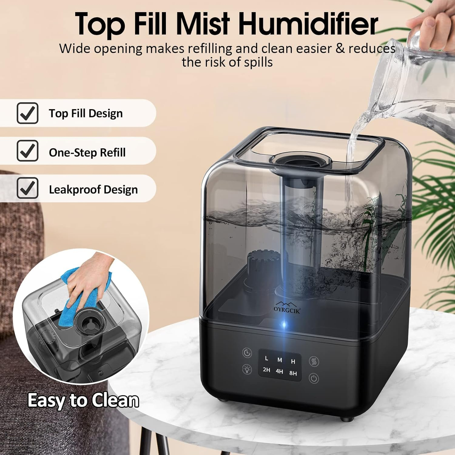 Humidifiers for Bedroom, Ultrasonic 5L Top Fill Humidifiers for Large Room Baby Home with 360° Rotation Nozzle, 3 Mist Levels, Auto Shut-Off, Timer, Essential Oil Diffuser, 30H Work Time, Quiet Black