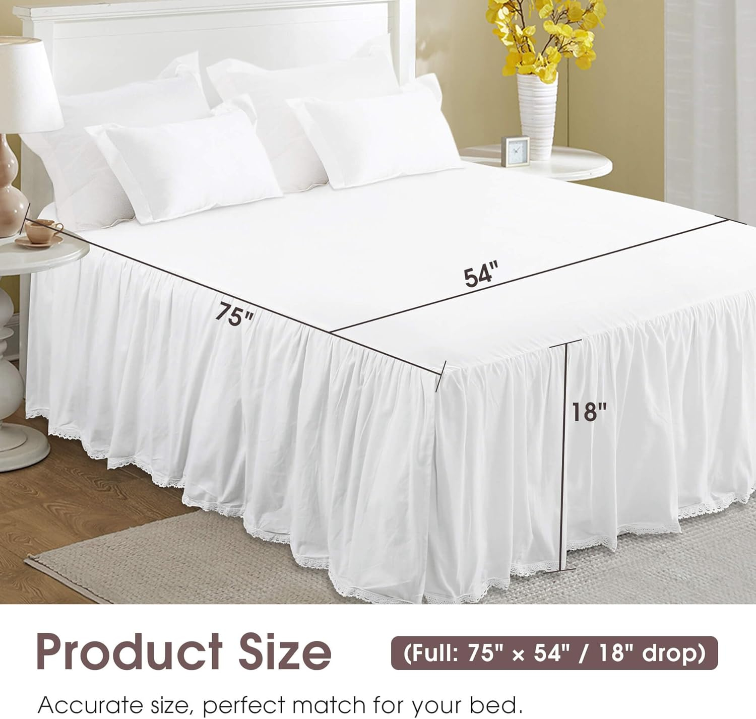 100% Lightweight Cotton Bed Skirt, Full Size 18" Drop, Crochet Edge, White Dust Ruffle, 3 Sides with Split Corners, French Romantic Style