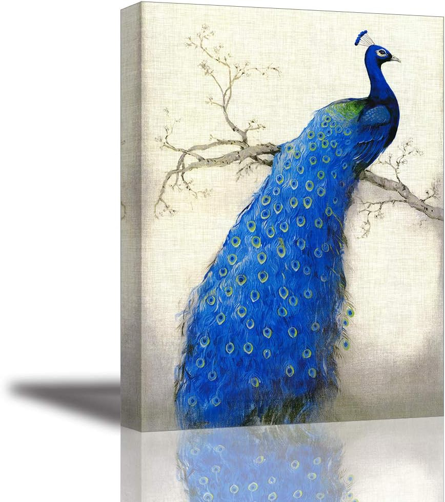 Peacock Wall Art Decor for Bedroom, PIY Beautiful Oil Painting Canvas Prints, Elegant Proud Peacock on Beige Pictures (Waterproof Artwork, Ready to Hang, 16x12)