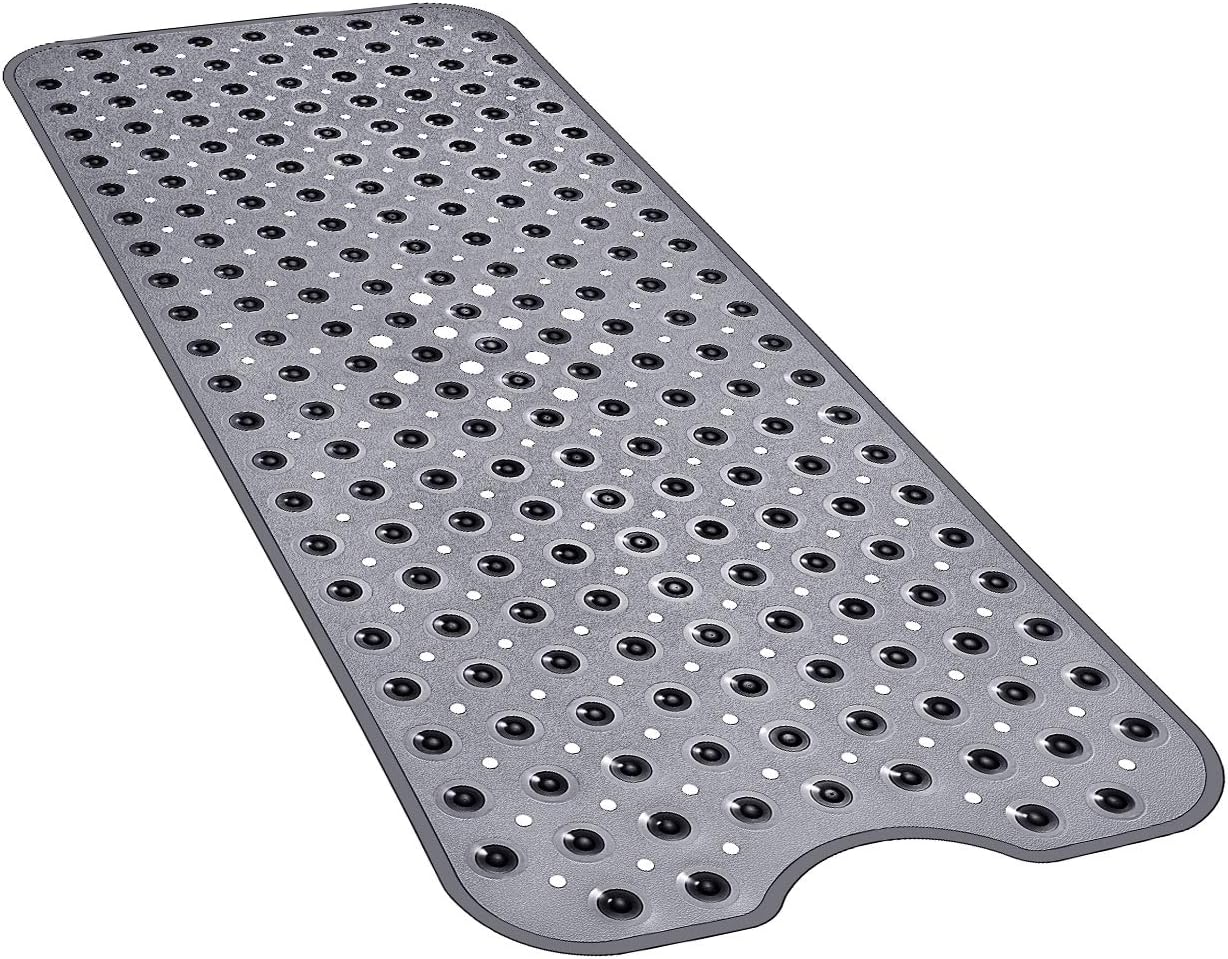 YINENN Bath and Shower Safety Mats 40x16 inch, Non Slip with Suction Cups for Bathroom Stall and Tub Floor, Extra Large and Machine Washable, Drain Holes Keep Bathtub Clean, Clear Light Black