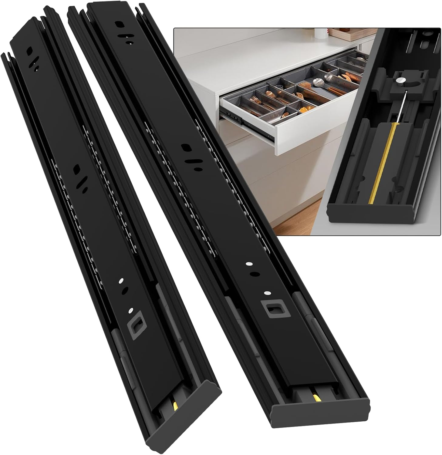 1 Pair Soft Close Stainless Steel Full Extension Drawer Hardware Slides 100 lb Load Capacity Side Mount Ball Bearing Self Close Kitchen Cabinet Rails Dresser Runners(Sliver,14 inch)