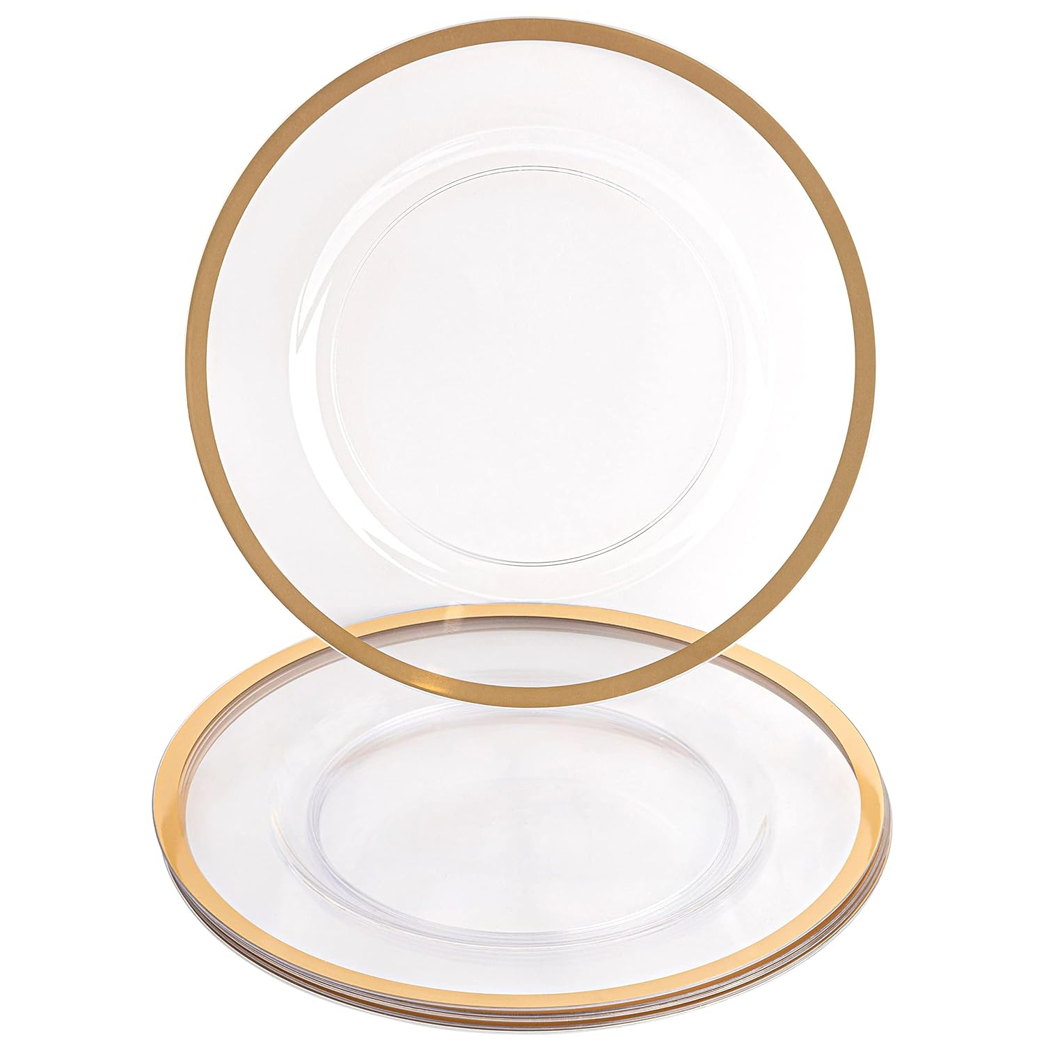 PARTY BARGAINS 13-Inch Charger Plates - 4 Pack, Clear Gold Rim, Heavy-Duty Disposable Chargers for Elegant Dining - Ideal for Weddings and Formal Events