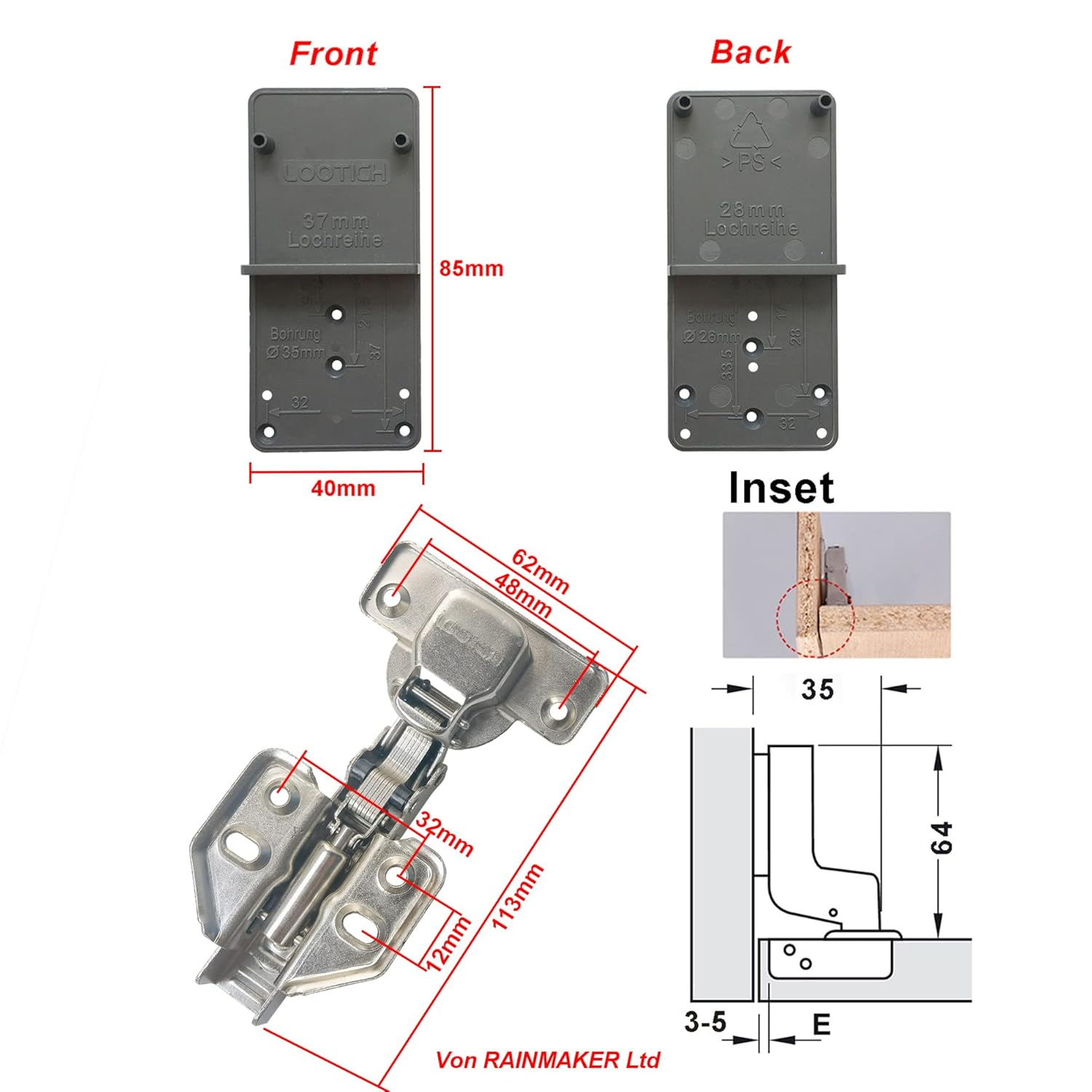 110 Deg Kitchen Units Concealed Cabinet Door Mute Hinges 35mm Soft Close Inset and Embed Mounting 8 Pieces (Include Drilling Jig)