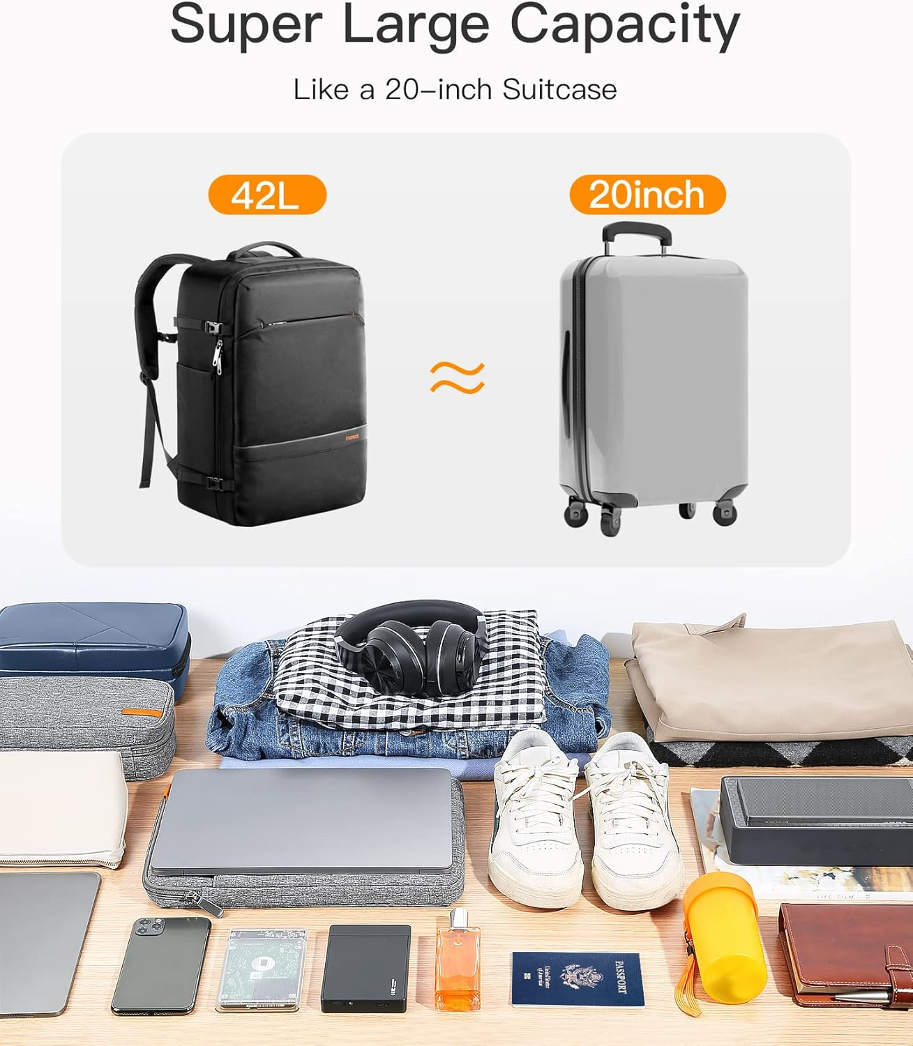 Travel Backpack 42L Extra Large Cabin Luggage Carry On Backpack 15.6"Laptop