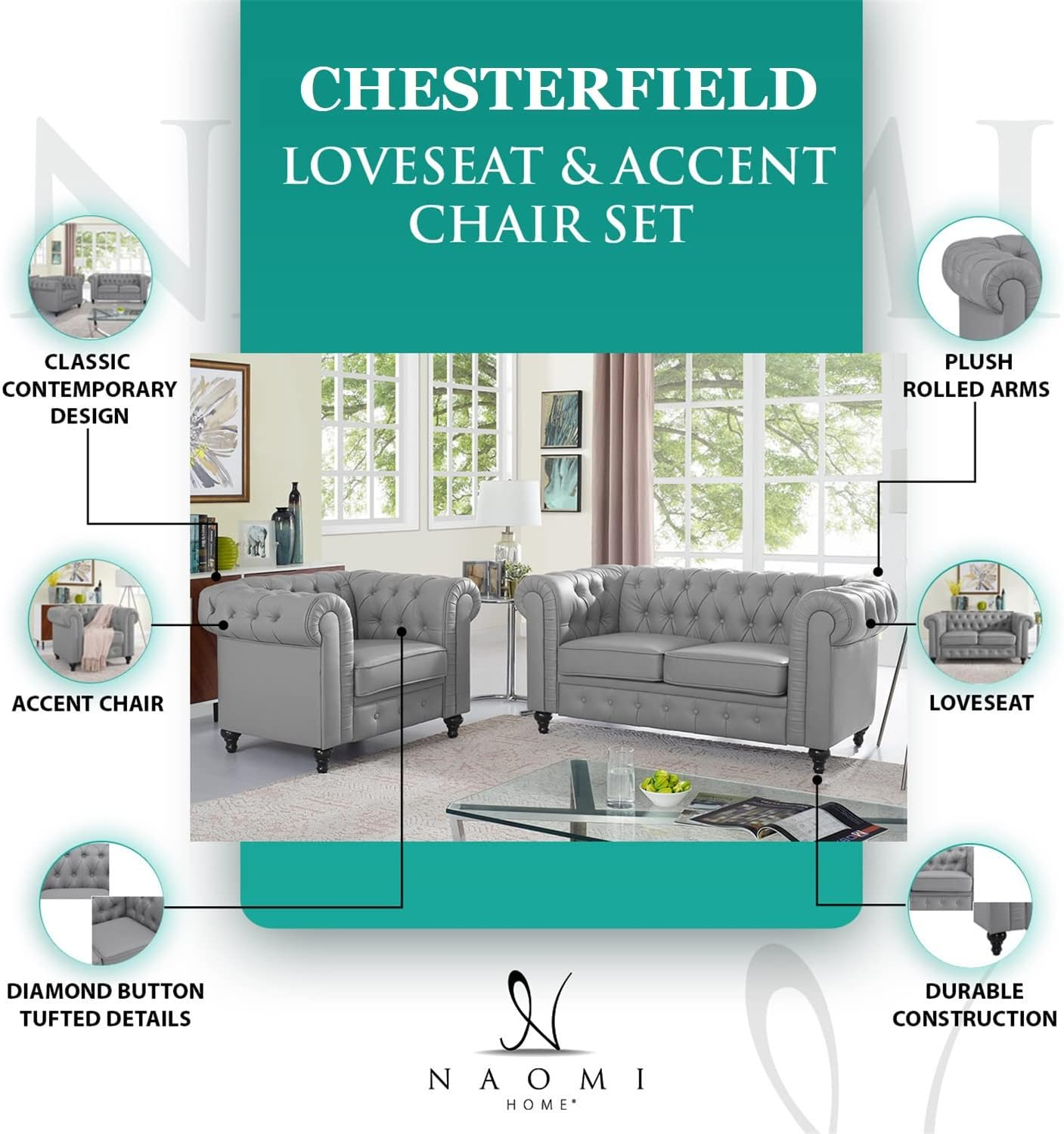 2 Piece Living Room Set, Faux Leather Chesterfield Loveseat & Chair, Deep Button Tufted with Rolled Arms, Home Furniture - Include 3-Seater Couch and Single Chair, White