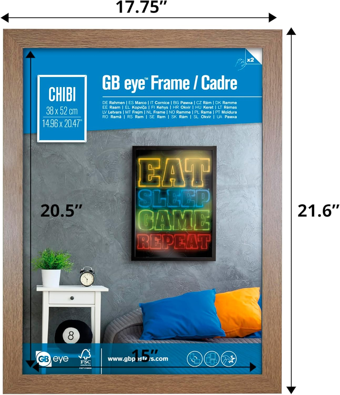 GB Eye 20.5x15 Frame, FSC Oak Wood Poster Frame, scratch proof glazing