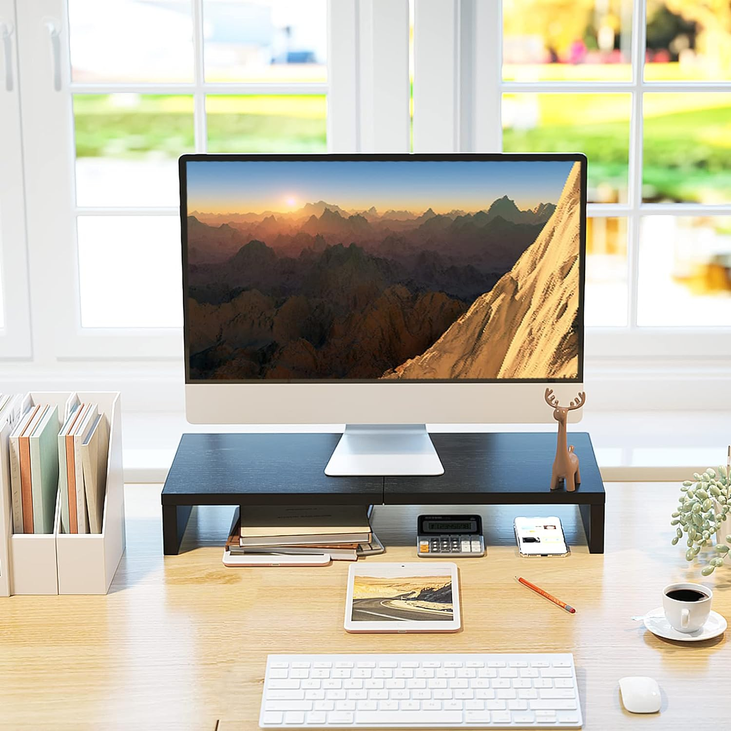 TEAMIX 20 inch Monitor Stand Riser, Wood Monitor Stand for Desk, TV/Screen/PC/Printer/Laptop Riser, Computer Stand with Keyboard Organizer, Black Desktop Stand, Monitor Riser (Black, 20 inch)