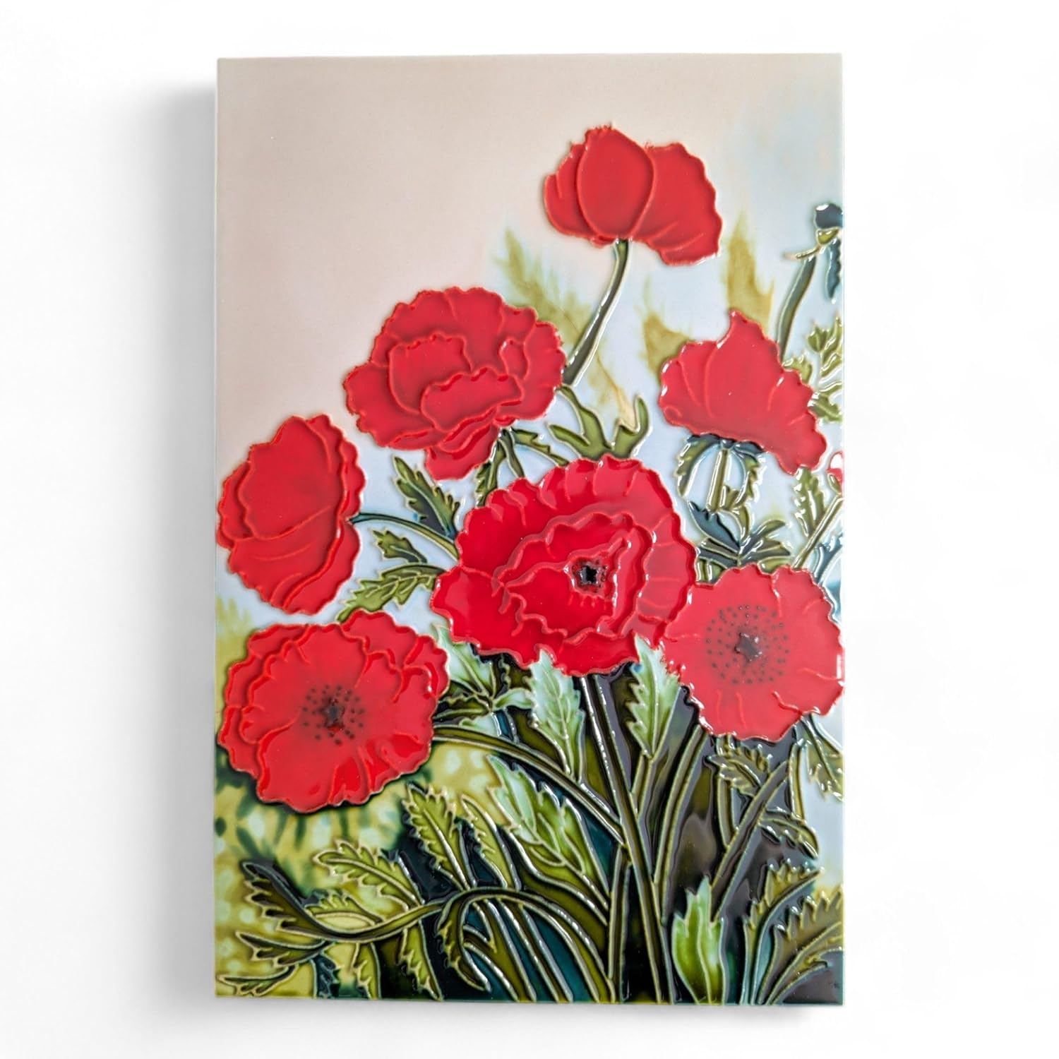 Benaya - Handcrafted Ceramic Art – Classic Poppies – 8" x 12" Tile - Home Decor