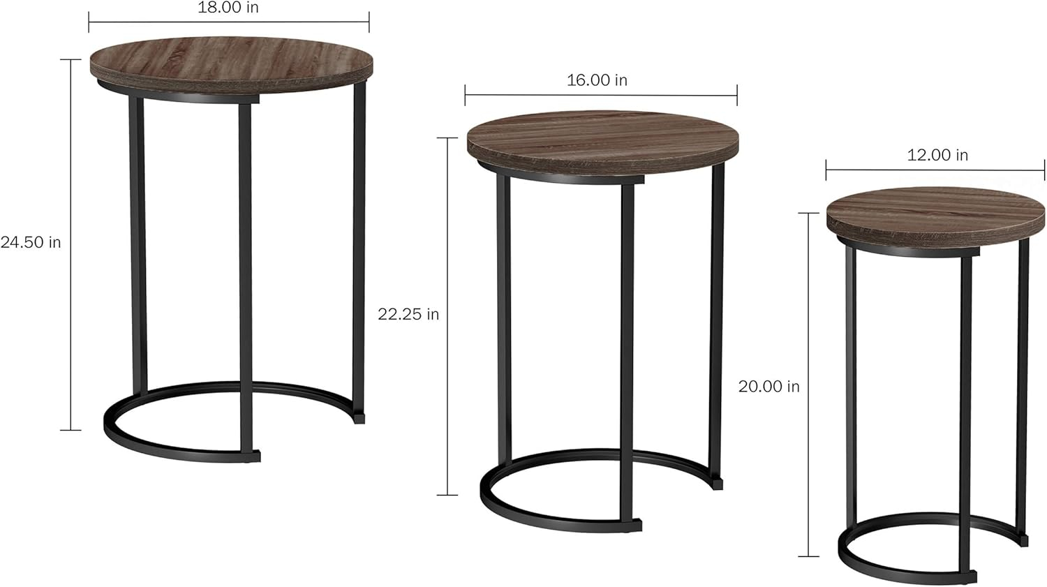 Set of 3 Round Living Room Nesting or End Tables with Black Metal Base, Gray-Brown