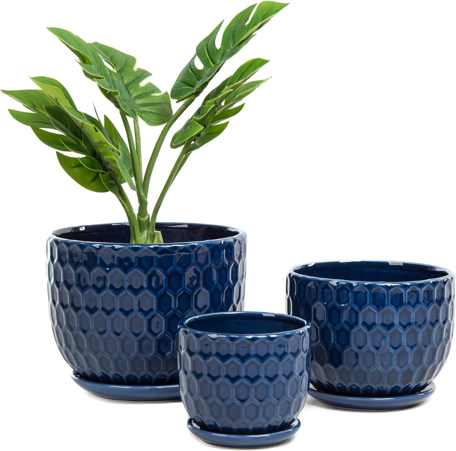 Ceramic Flower Pots with Drainage Hole and Saucer, North European Style Round Indoor Succulent Planters with Honeycomb Inspired Texture Design, Small to Medium-Sized, Set of 3, Navy Blue