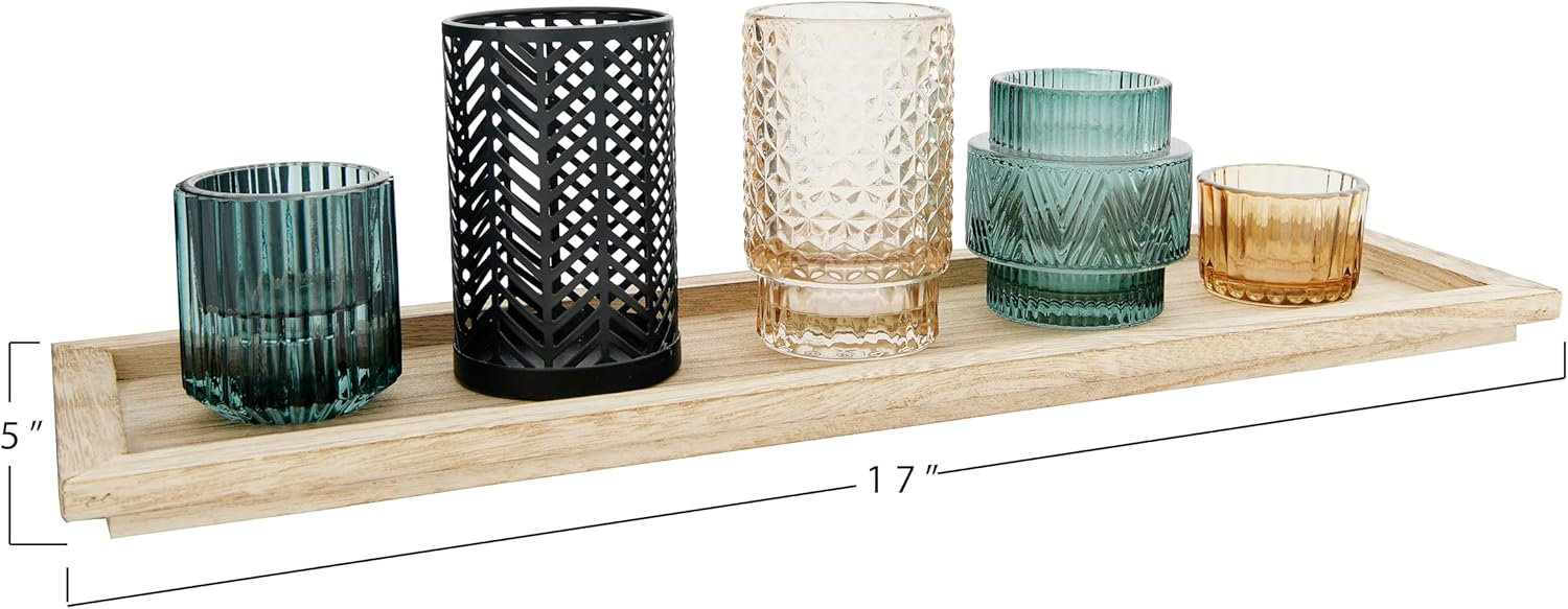 Bloomingville Embossed Glass & Metal Tealight/Votive Holders on Rectangle Wood Tray (Set of 6 Pieces)