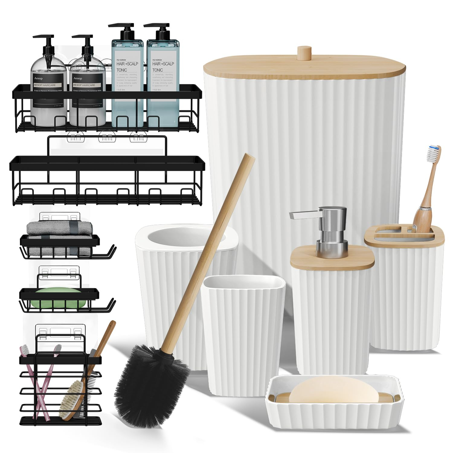 Clara Clark Bathroom Set - White Bathroom Accessories Set, 6PC Bathroom Accessory Set, Bathroom Sets with Adhesive Corner Shower Caddy Hanging, Toilet Brush, Trash Can & Soap Dispenser