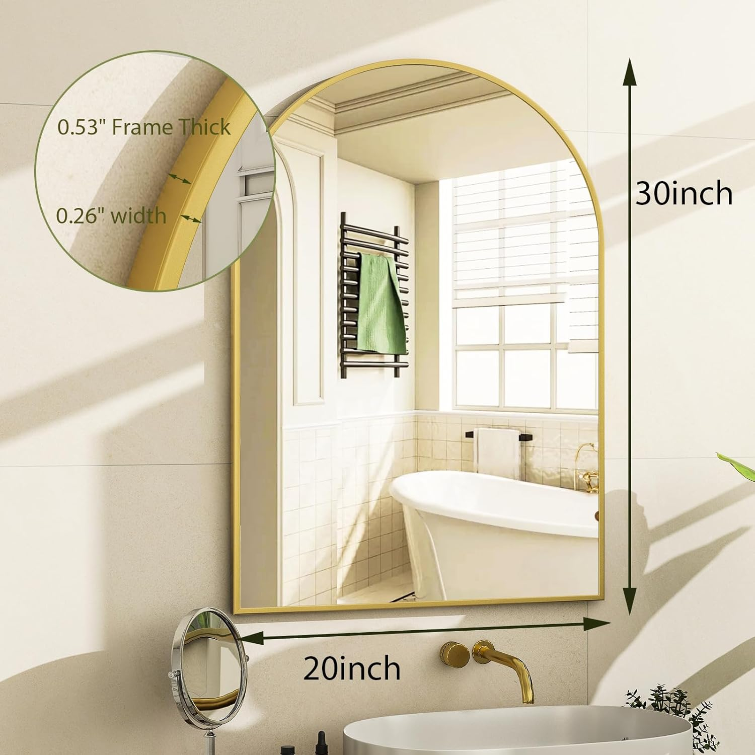 Gold Arched Wall Mounted Aluminum Bathroom Mirror