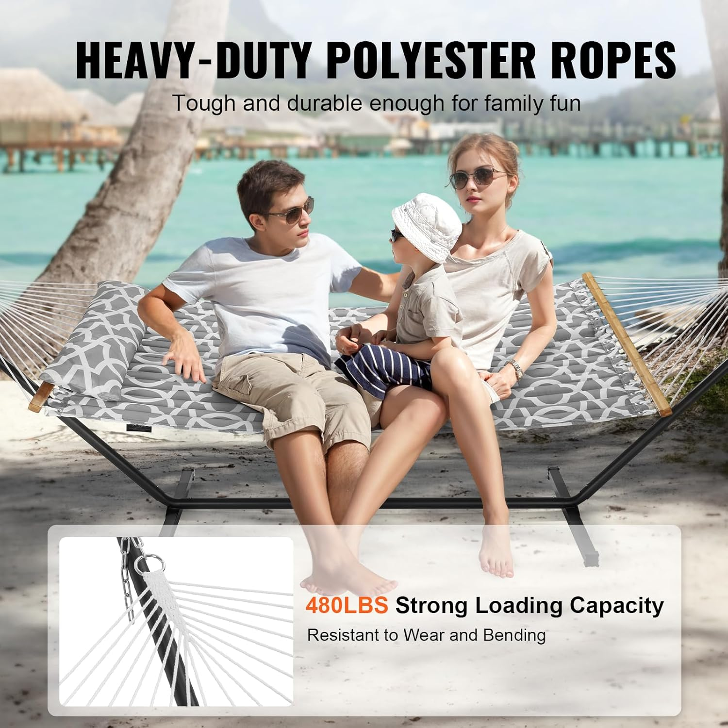 VEVOR Double Hammock with Stand Outdoor 2 Person Hammock for Outside Heavy Duty 480lb Large Free Standing Hammock Double Quilted Fabric Hammock with Portable Stand, Detachable Pillow & Bag