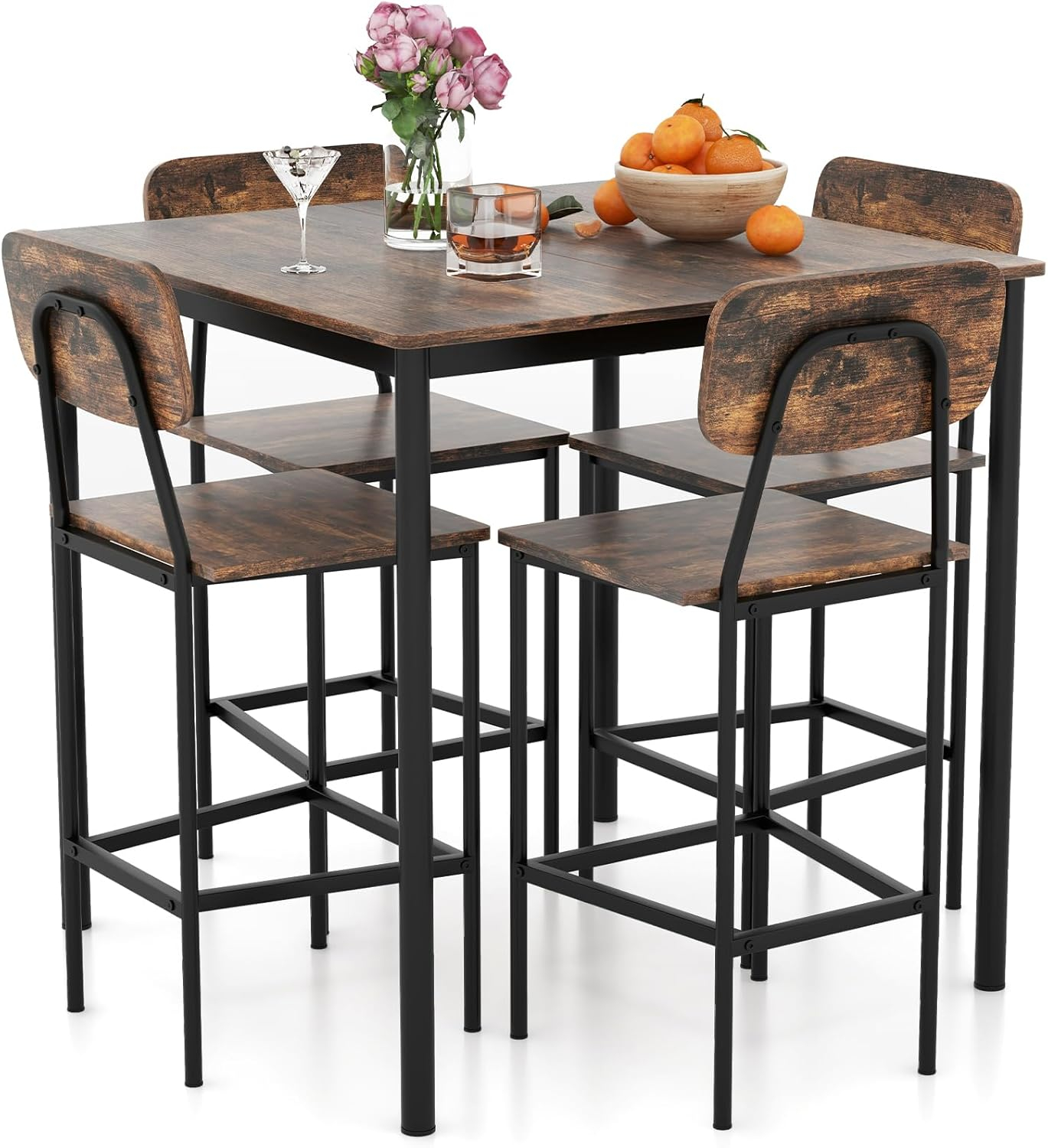 Giantex 5-Piece Dining Table Set W/Counter Height Table & 4 Bar Stools, Industrial Kitchen Dining Set W/Footrest & Backrest, Space-Saving Dinette Set for Pub, Dining Room, Restaurant (Mix Brown)
