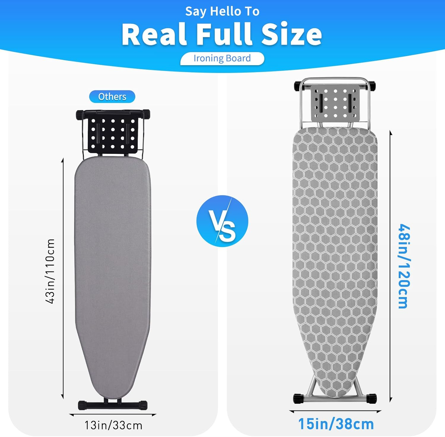 Full Size Ironing Board 57" L X15 W, Large Wide Sturdy Ironing Board with Iron Rest, Foldable Adjustable Iron Board with Heat Resistant Cover, Enhanced Stability (Silver Gray)