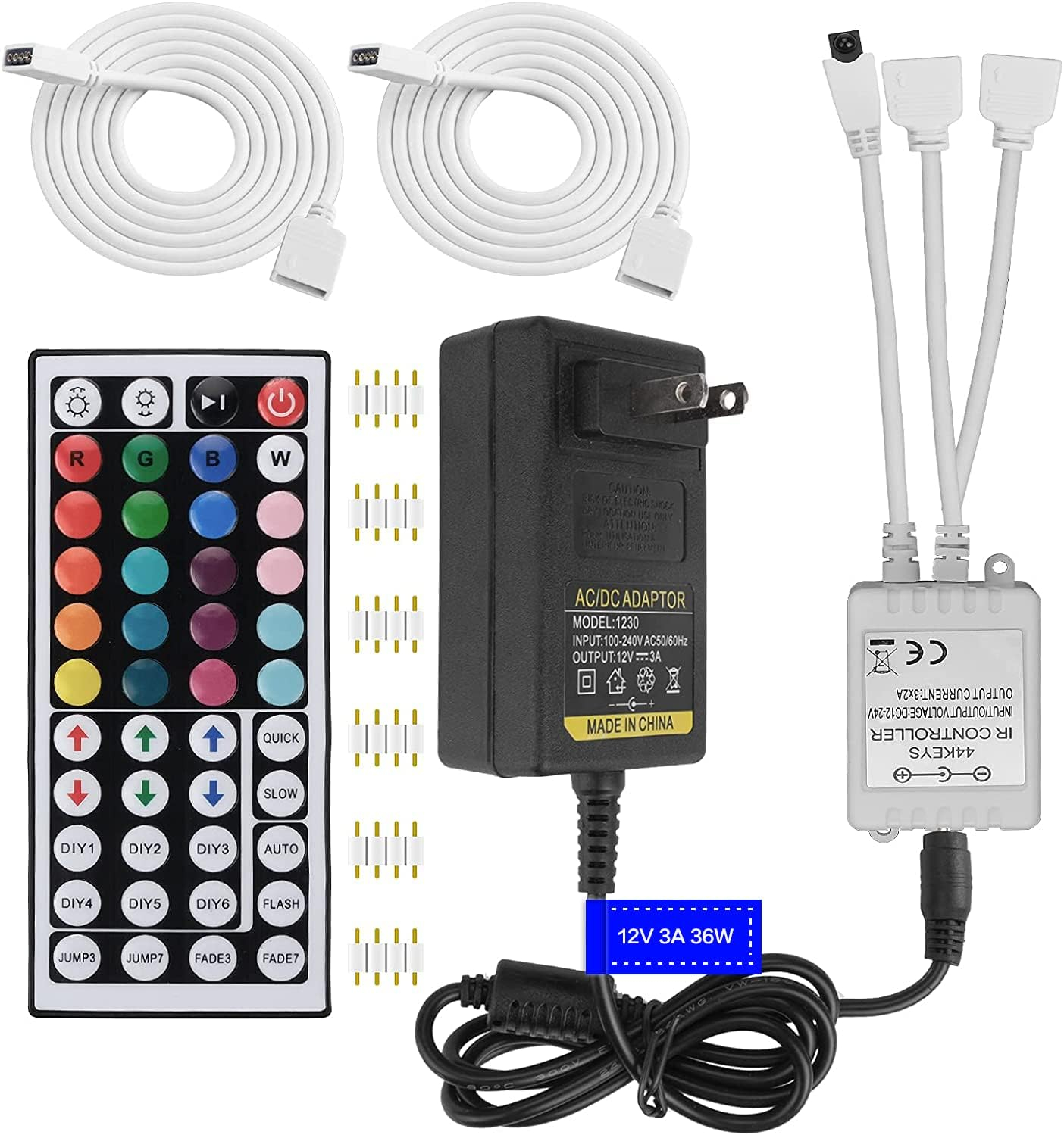 2-Port 44 Key IR LED Light Remote,RGB Control Box+ DC 12V 3A LED Power Supply Led Light Adapter+ 2 Pack 3.3FT Extension Cable for 3528 5050 RGB LED Strip Lights(Not Compatiable 24V LED Lights)