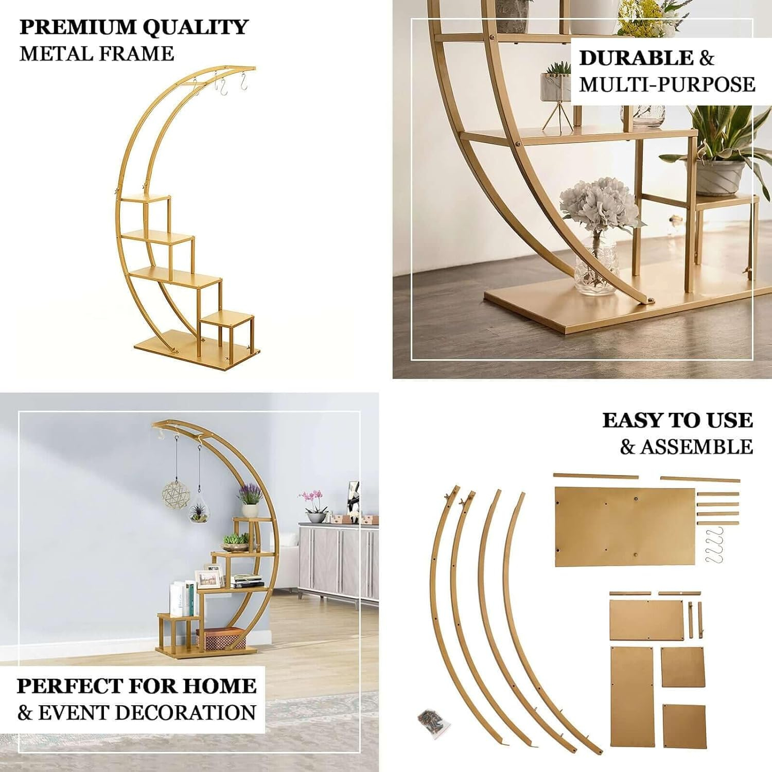 Efavormart 40.55" x 14.17" x 3.94" 4-Tier Gold Metal Half Moon Plant Stand