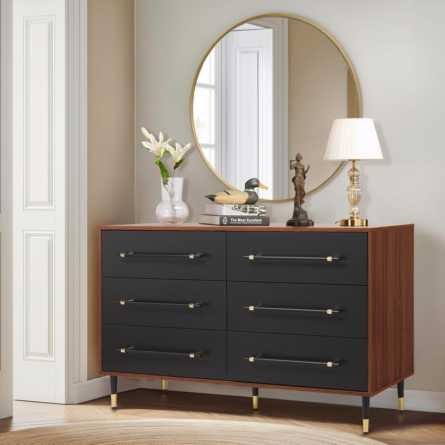 Finnhomy 6 Drawer Dresser for Bedroom, Mid Century Modern Dressers with Black Drawers, Wood Gold Dresser & Chest of Drawer with Wide Metal Handle Wooden Dresser for Bedroom/Living Room/Hallway