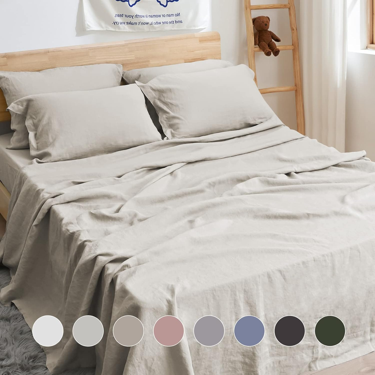 King Size Stone Washed Organic Linen Bed Sheet Set