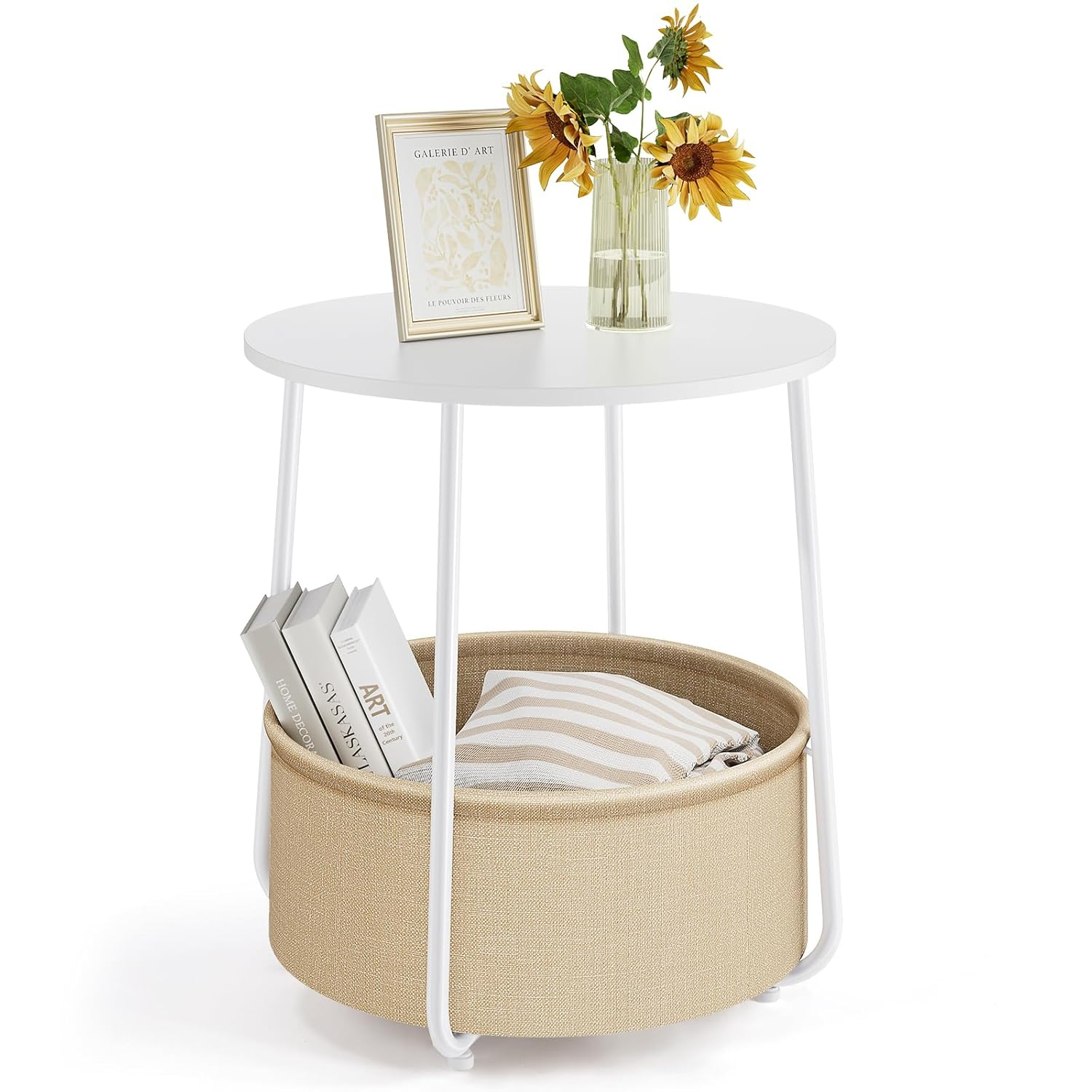 Lorelia Small Round Side End Table Living Room Nightstand Bedside Fabric Baske Table