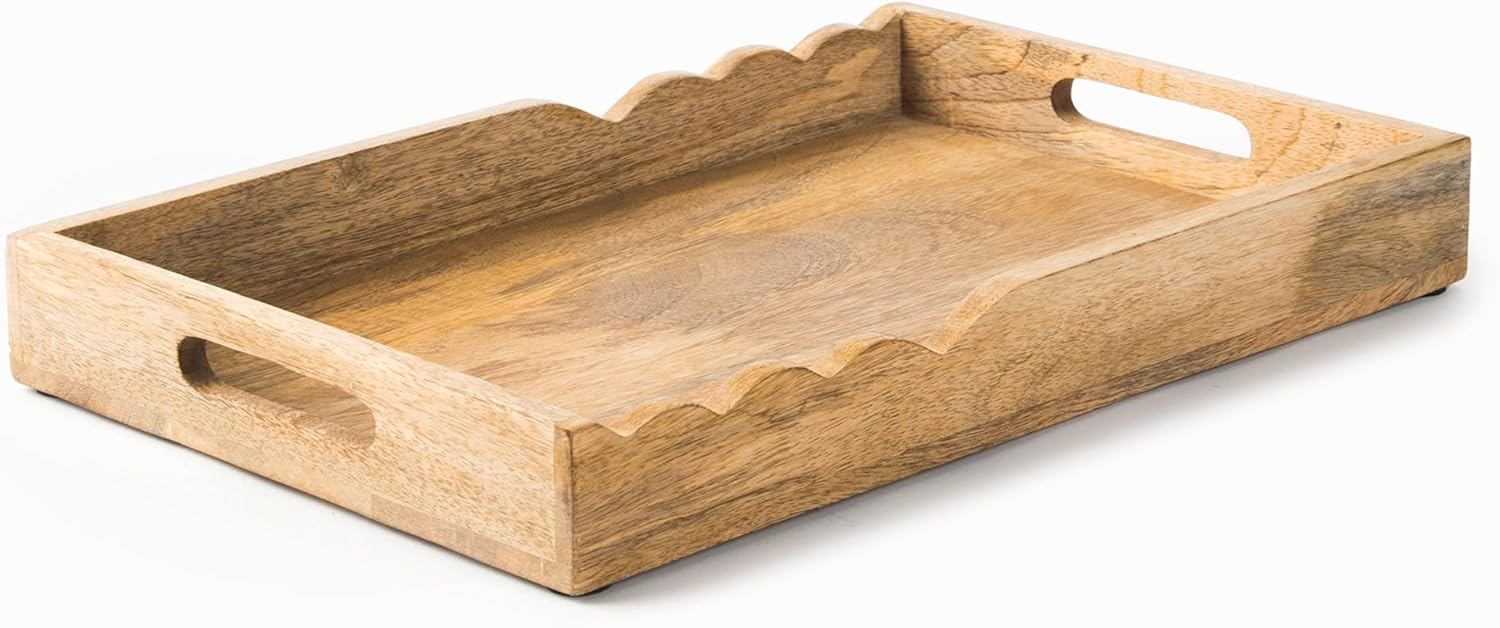 Mela Artisans Serving Tray with Elegant Scalloped Edges, Natural | 15" x 10" x 1.75" | Handcrafted Mango Wood Tray, Perfect for Breakfast, Tea/Coffee Serving, Home Décor, or Organizing