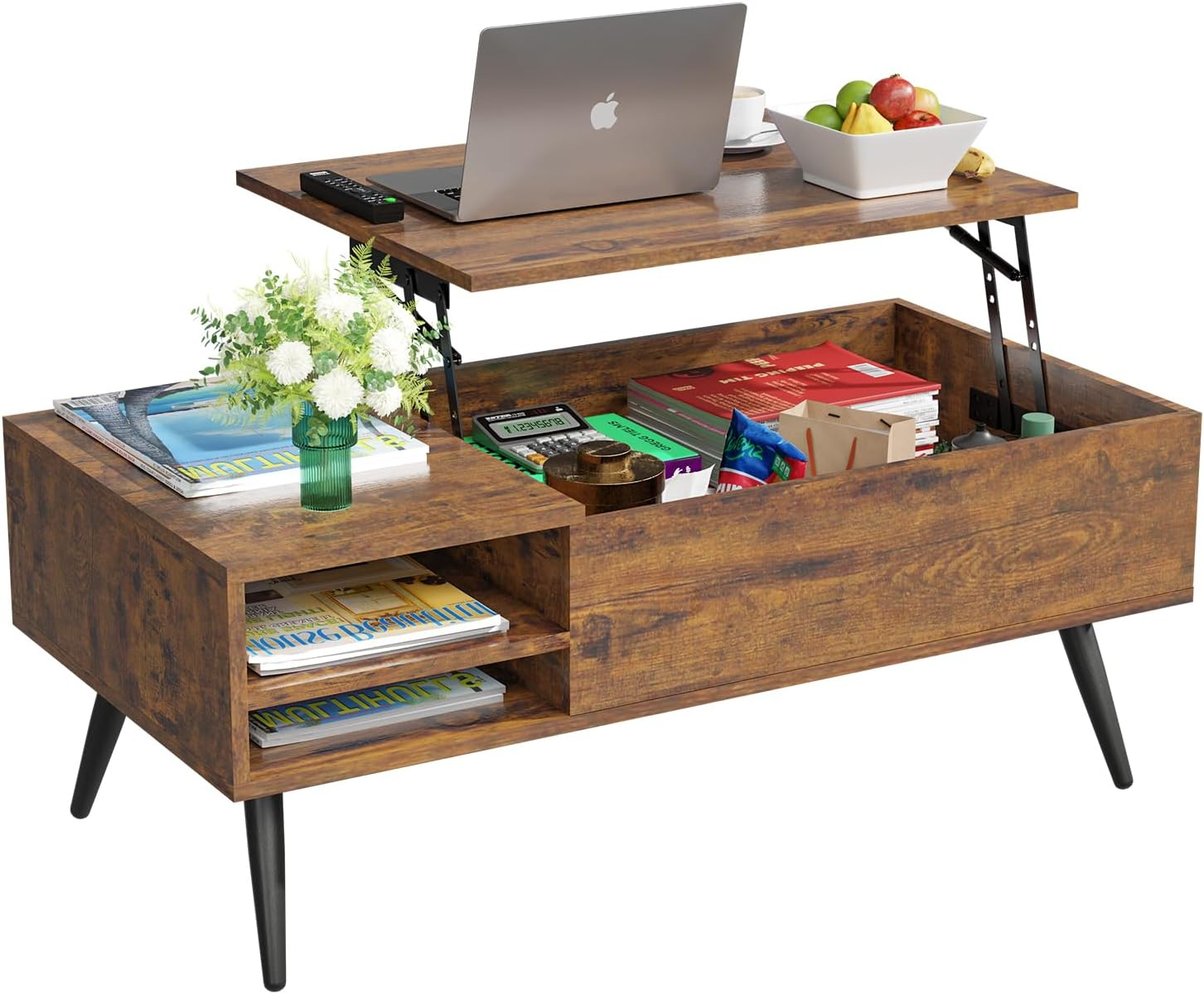 PayLessHere 39" Lift Top Coffee Table with Adjustable Storage and Hidden Compartment Small Wood Coffee Table Center Table for Home Living Room Office Apartment Reception Room,Brown