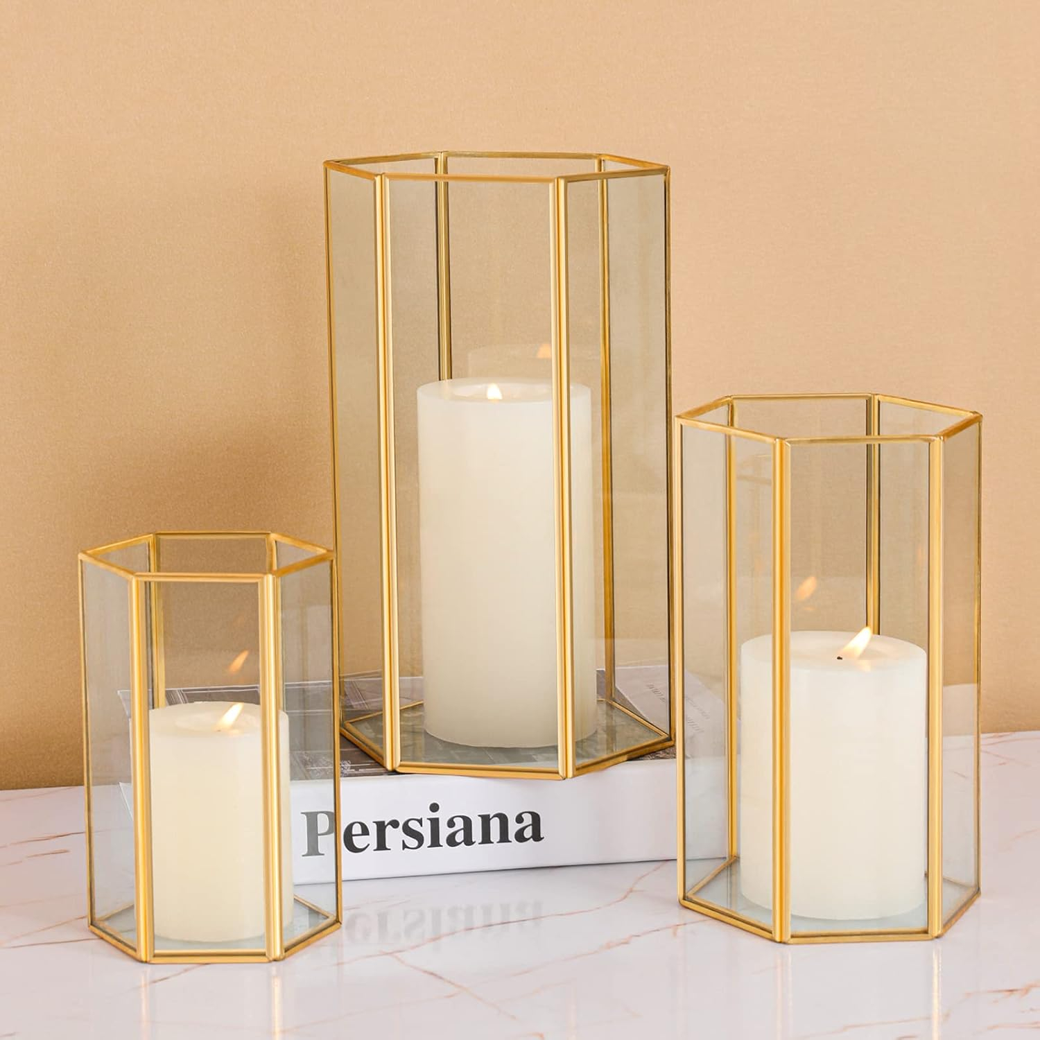 Phosphor Small Hurricane Candle Holder Set of 3 Pieces, Black Glass Candle Holder for Wedding, Party, Holiday.